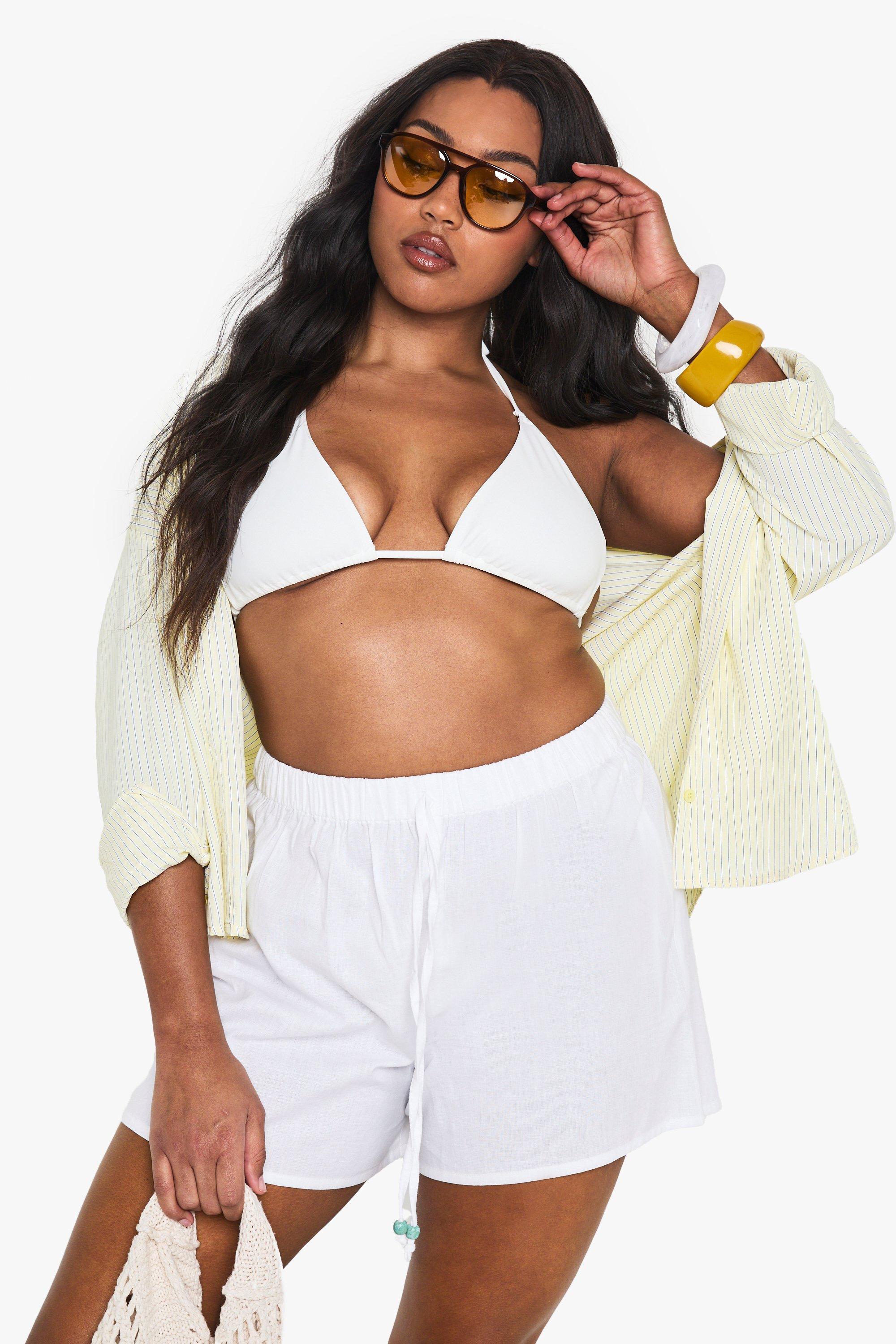 Image of Plus Linen Beaded Beach Shorts, Bianco