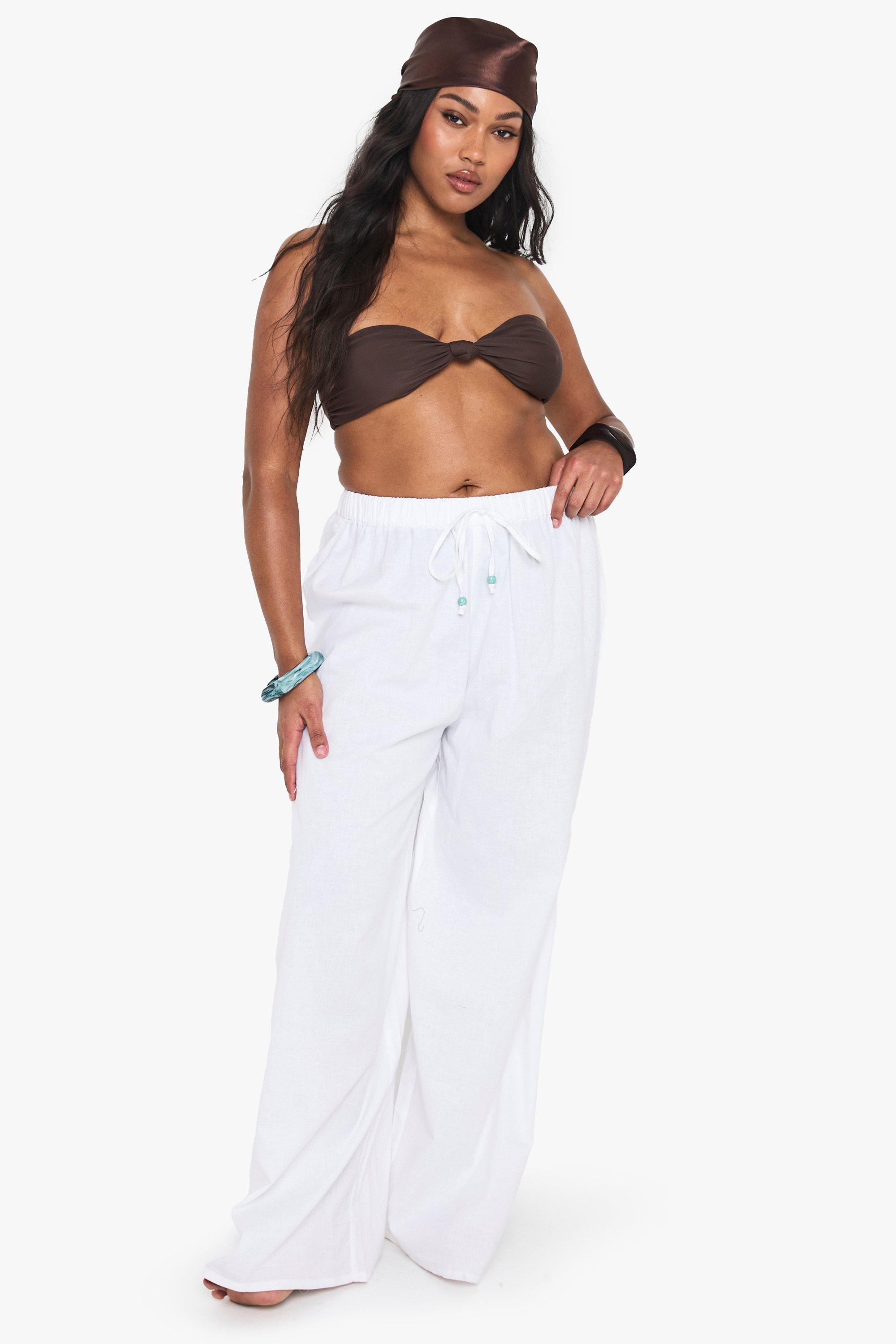 Image of Pantaloni da mare Plus Size a vita bassa in lino con perline, Bianco