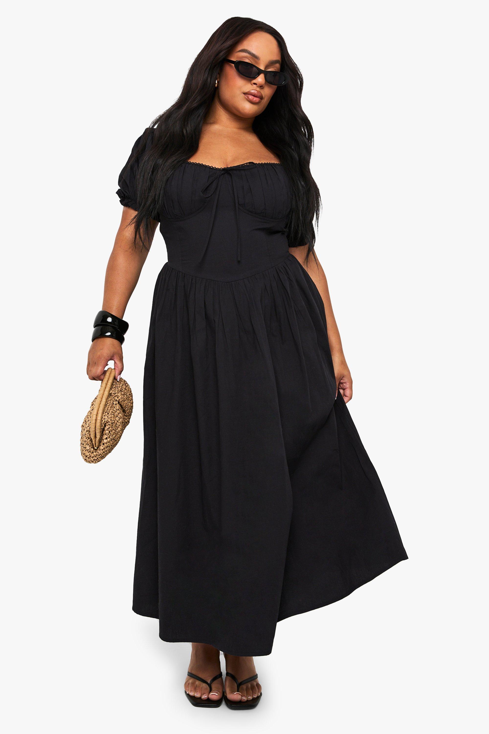 Boohoo Plus Cotton Milkmaid Midaxi Skater Dress, Black