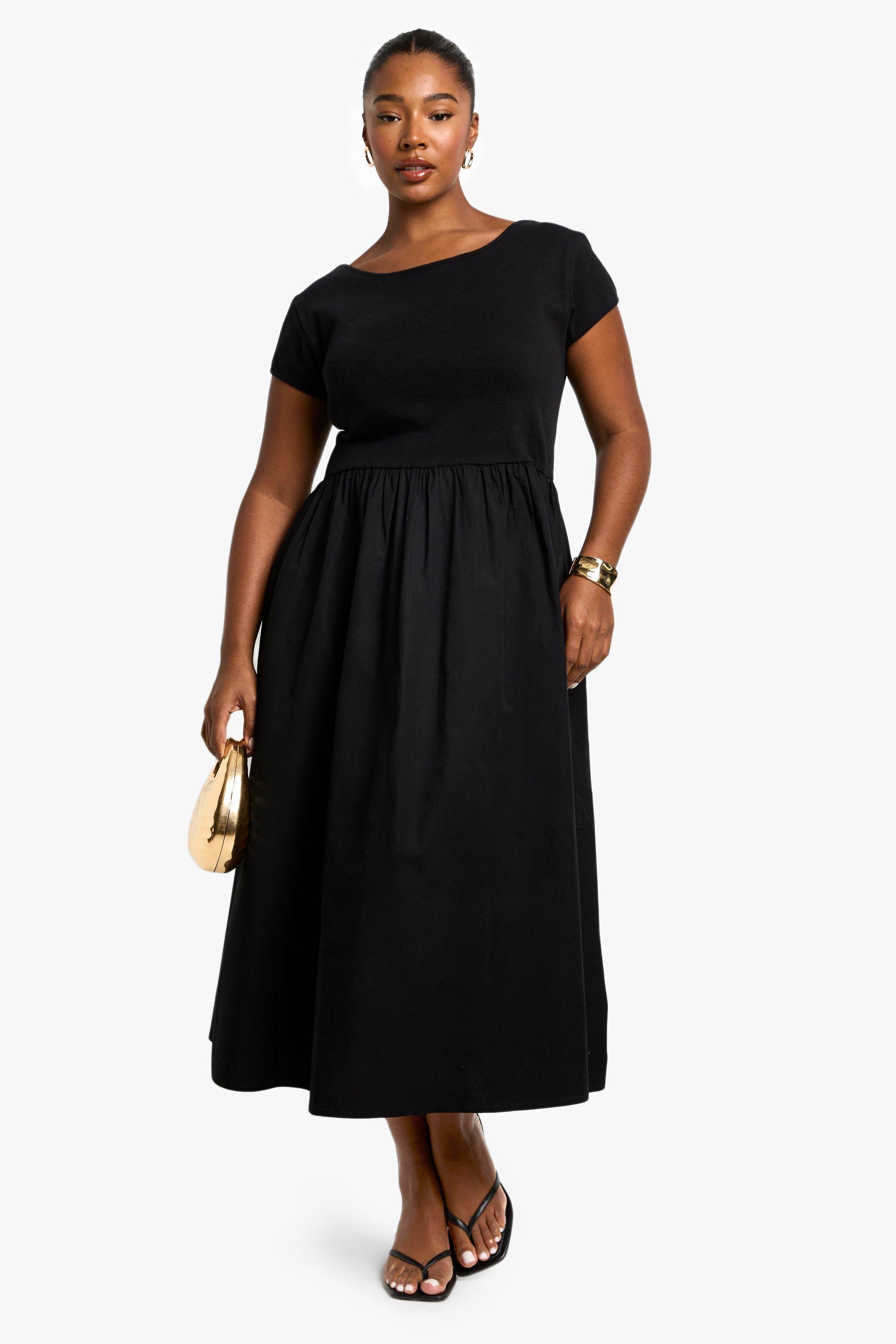 Image of Vestito grembiule Plus Size a maniche corte in cotone popeline a coste, Nero