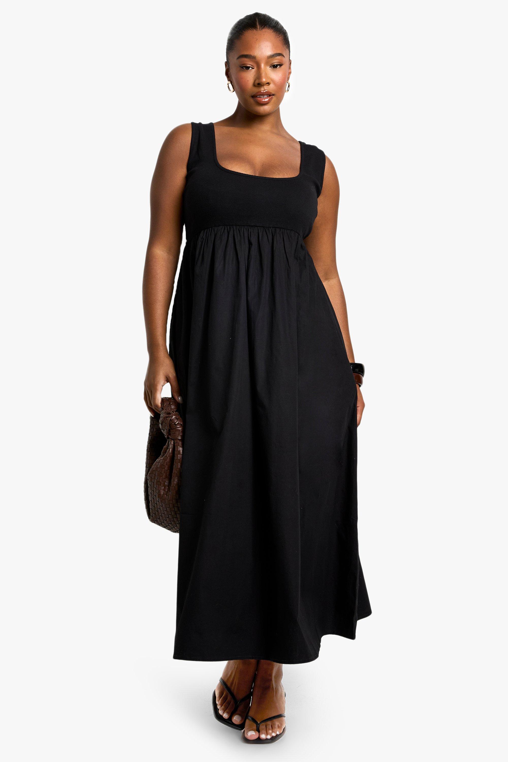 Image of Vestito grembiule longuette Plus Size in cotone popeline a coste, Nero
