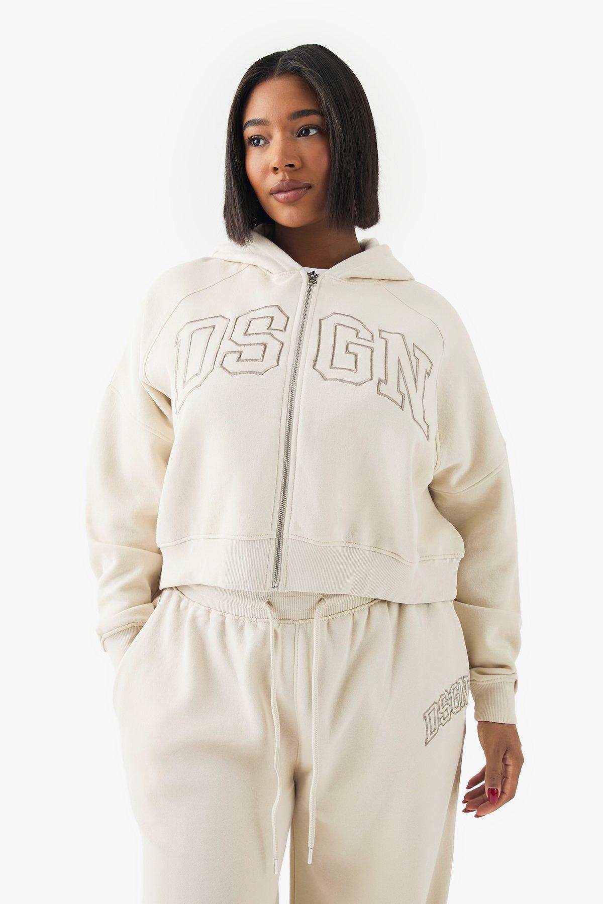Image of Felpa Plus Size con applique DSGN Studio, zip e cappuccio, Cream