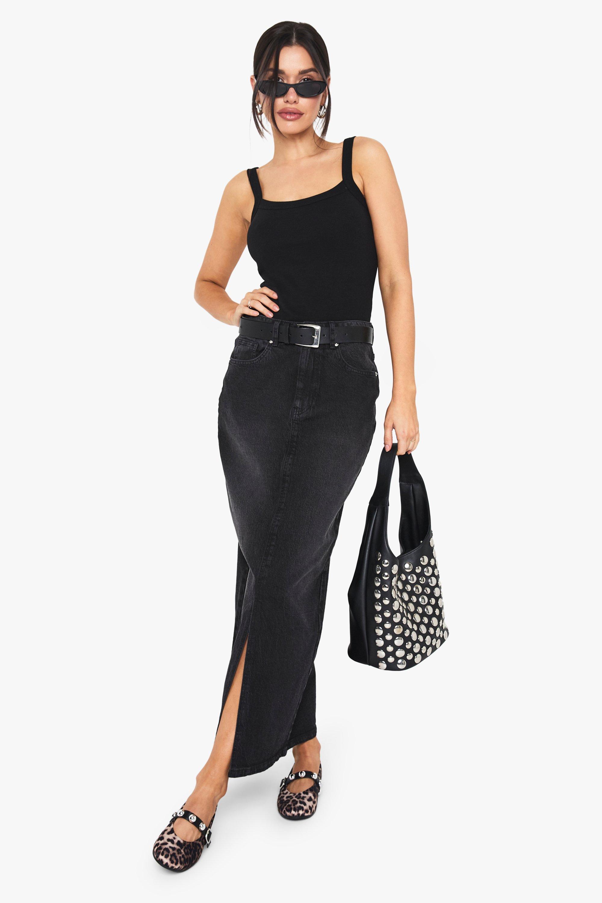 Boohoo Tall Midaxi Spijkerrok, Washed Black