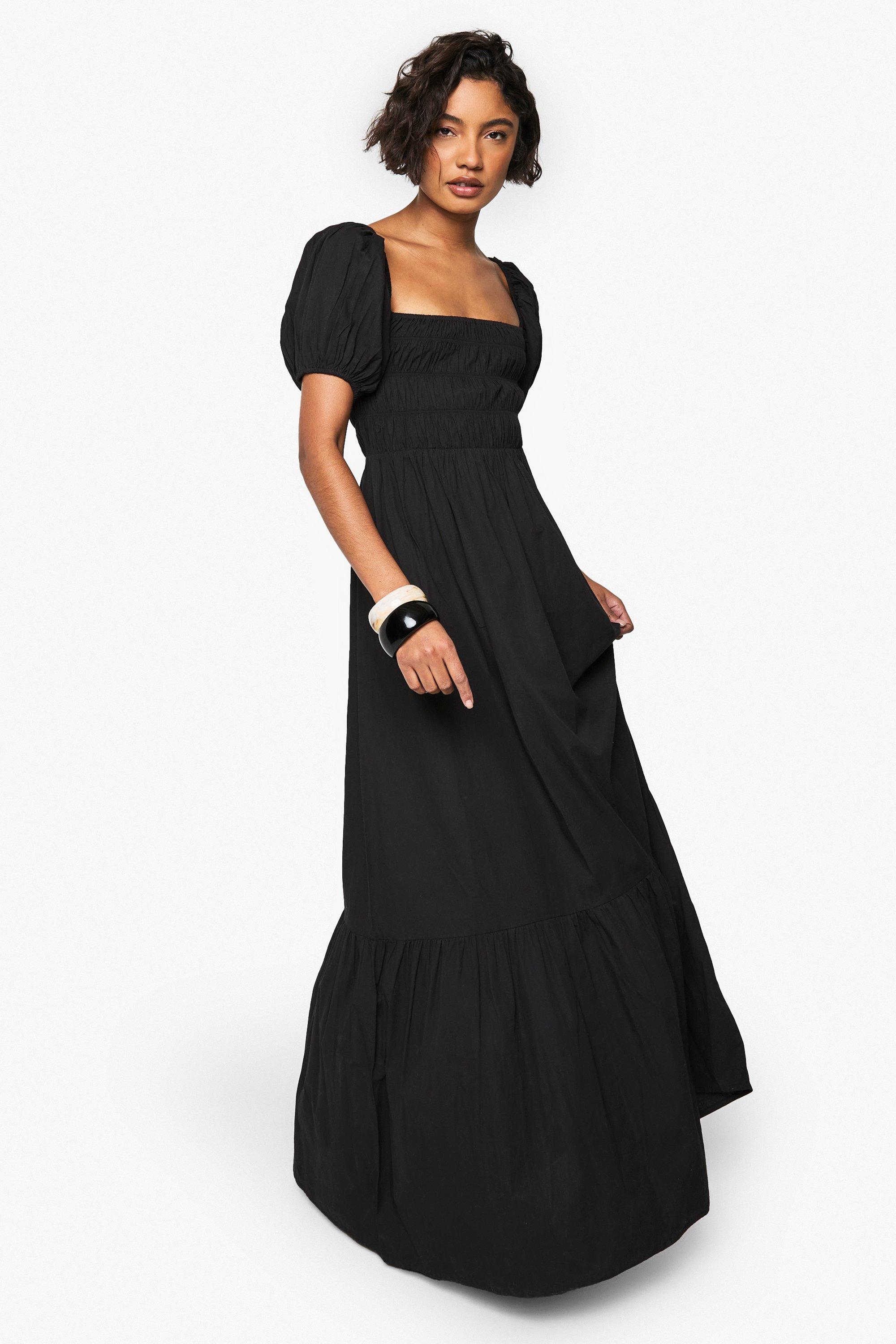 Boohoo Tall Geplooide Midaxi Jurk Met Pofmouwen, Black