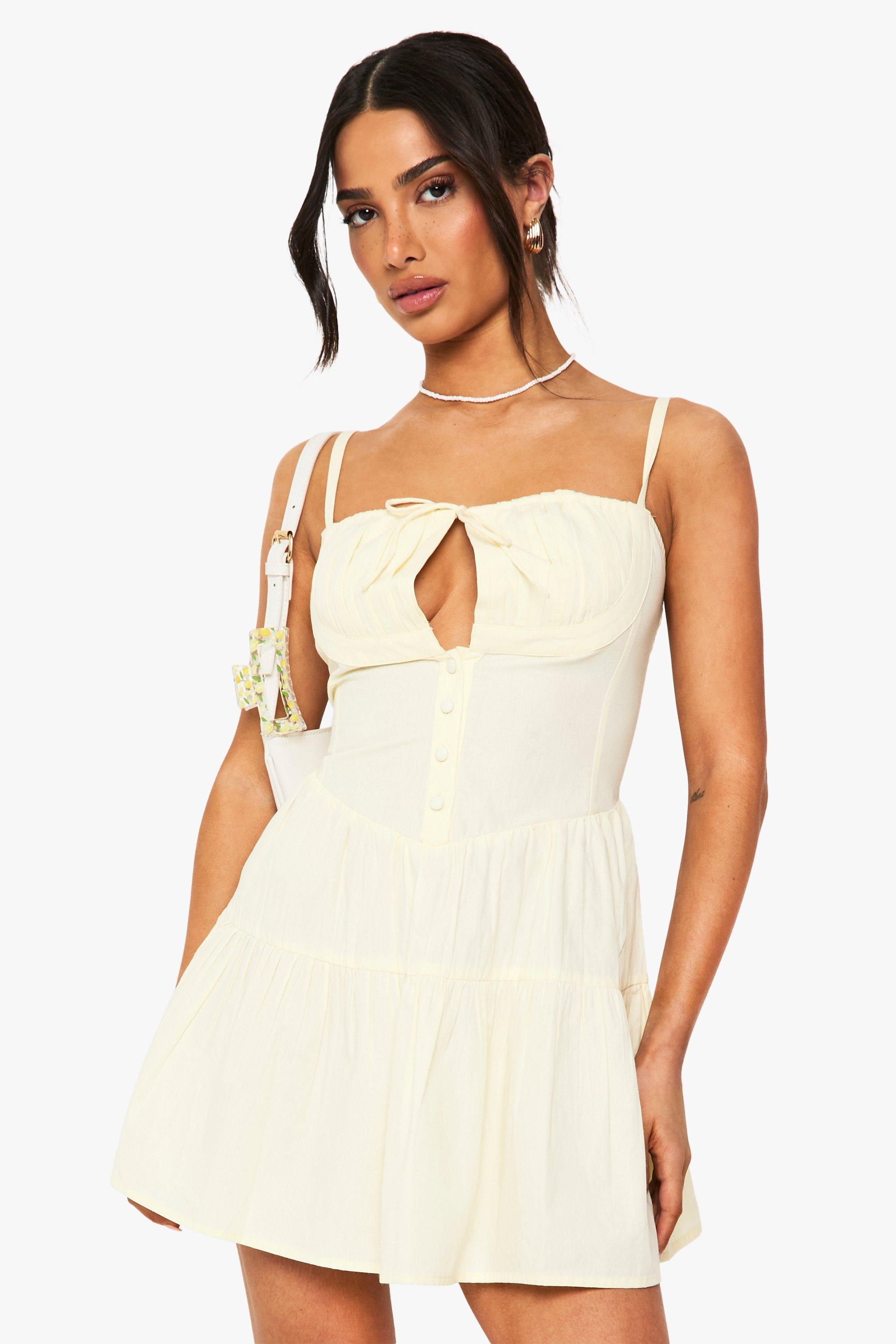 Boohoo Petite Cup Strappy Mini Skater Dress, Lemon