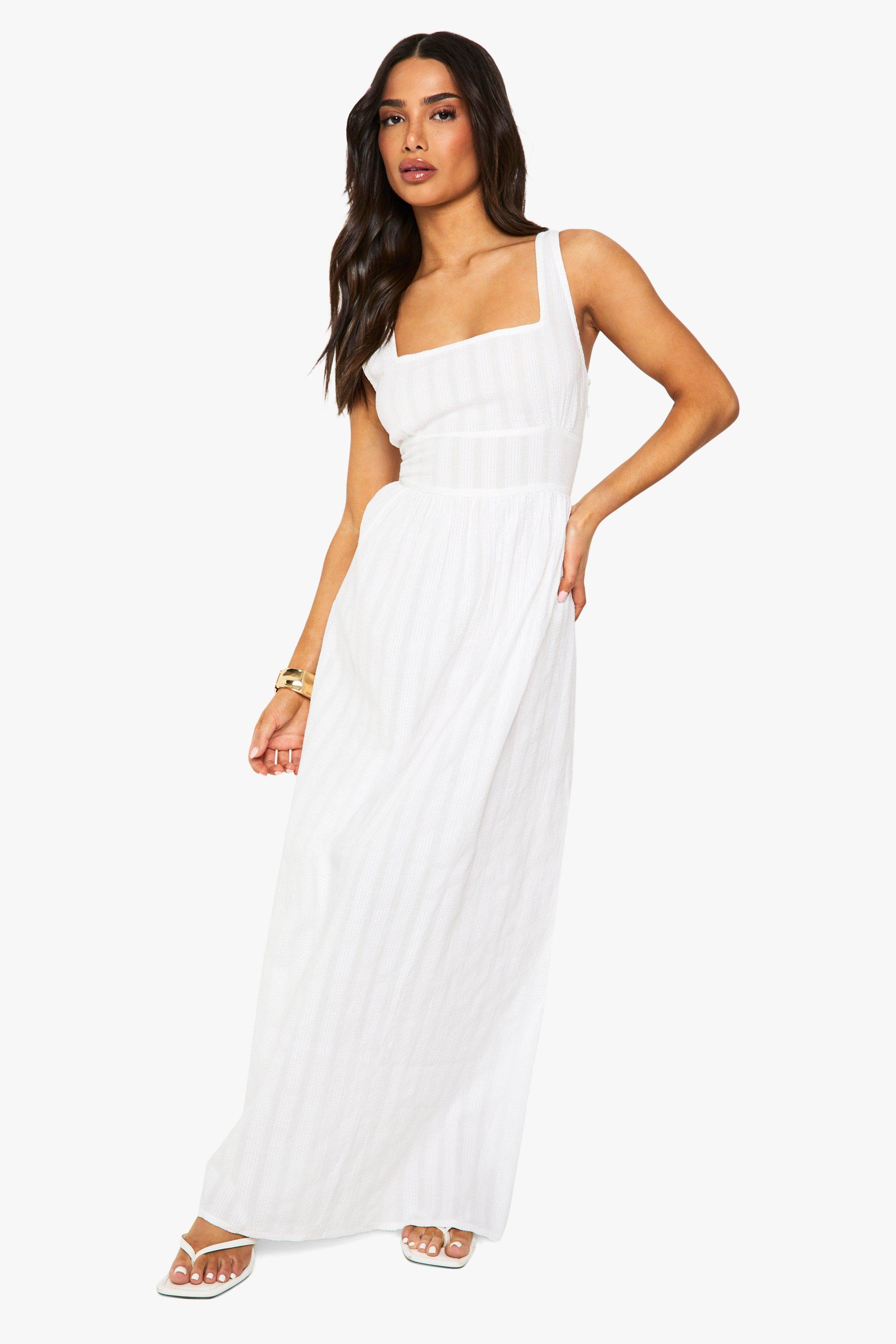 Boohoo Petite Gestreepte Seersucker Maxi Jurk, White