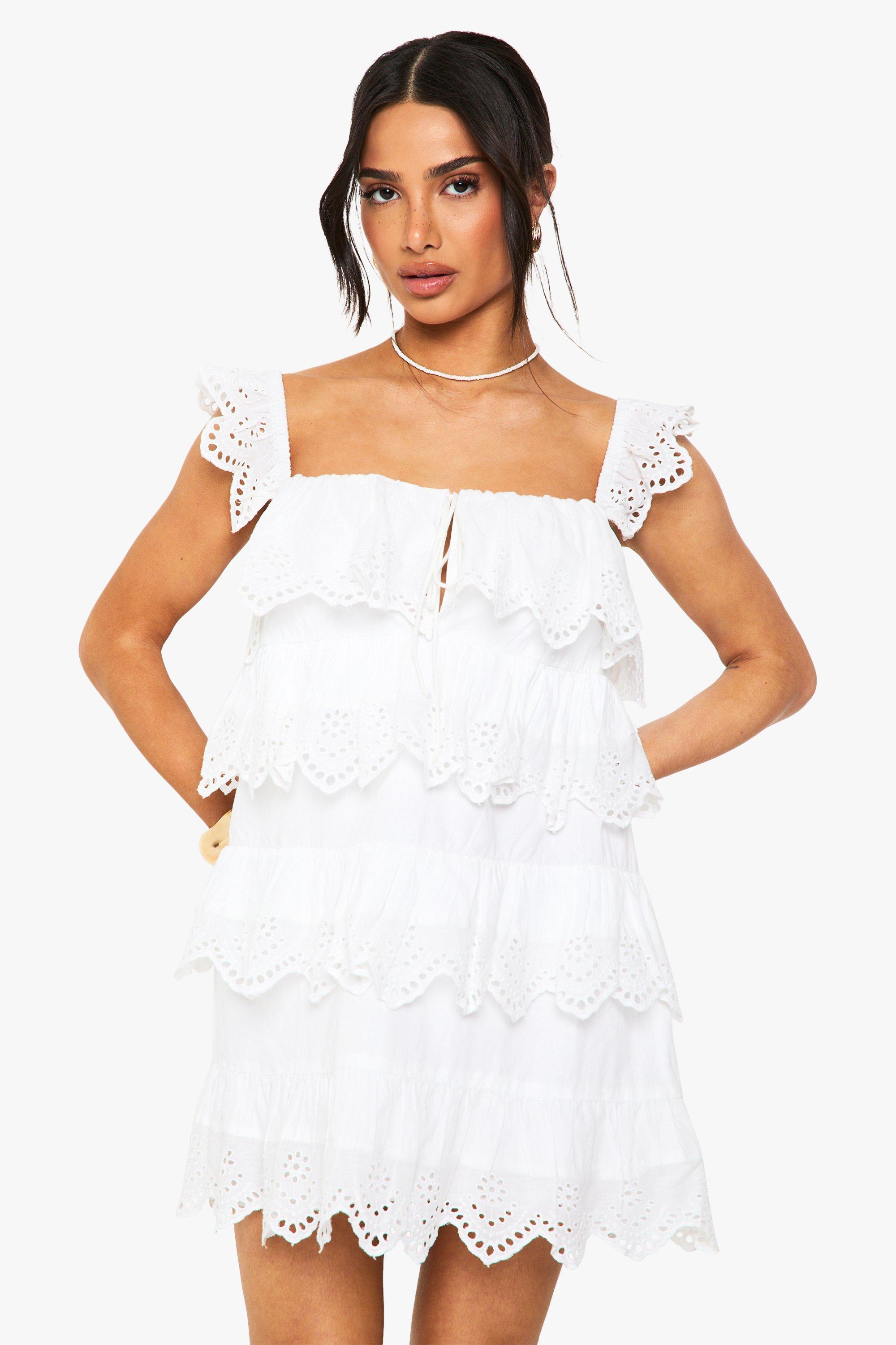Boohoo Petite Gehaakte Mini Jurk Met Franjes, White