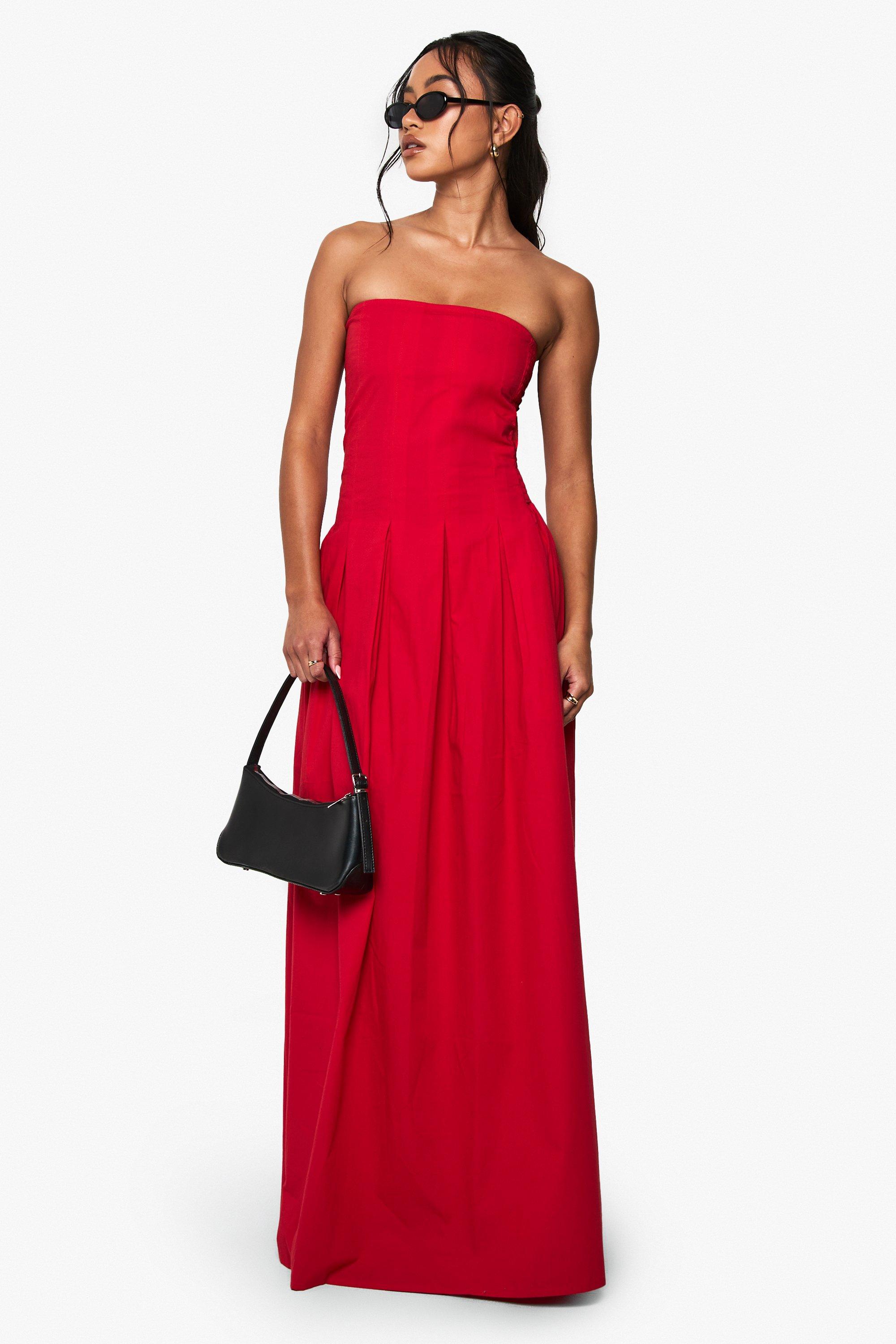 Boohoo Katoenen Strapless Poplin Maxi Jurk, Red