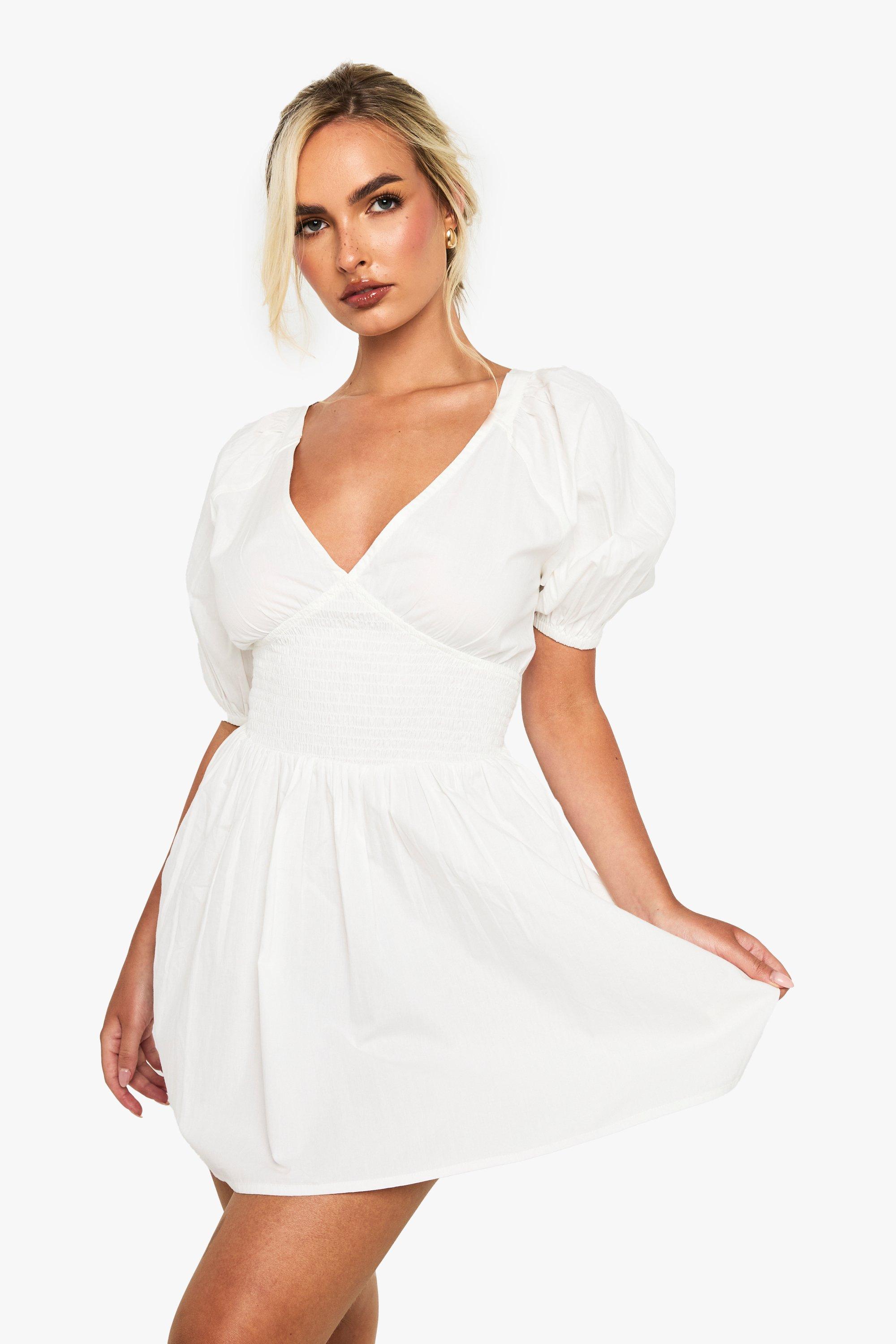 Boohoo Skater Jurk Met Pofmouwen En Rug Strik, White