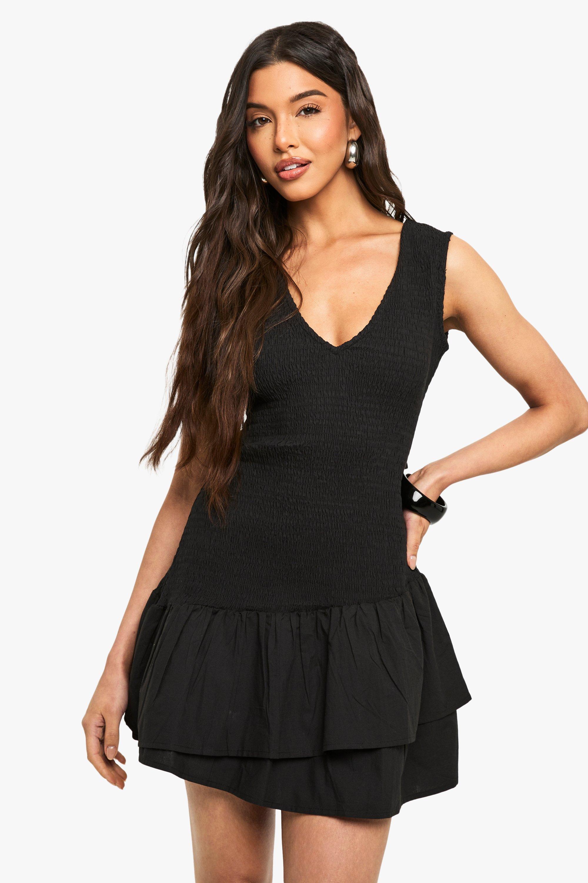 Boohoo Katoenen Geplooide Mini Jurk Met Ruches, Black