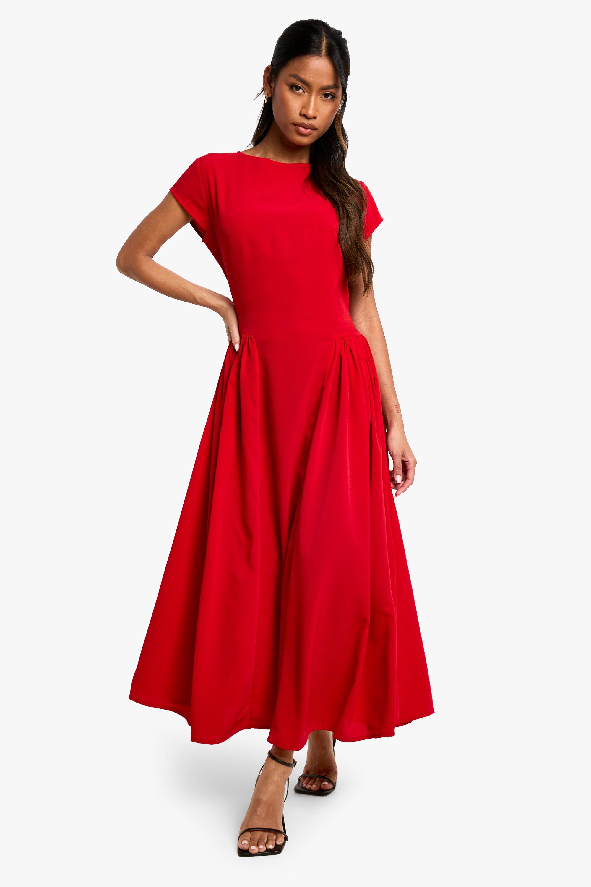 Image of Vestito longuette con trama e gonna ampia, Rosso