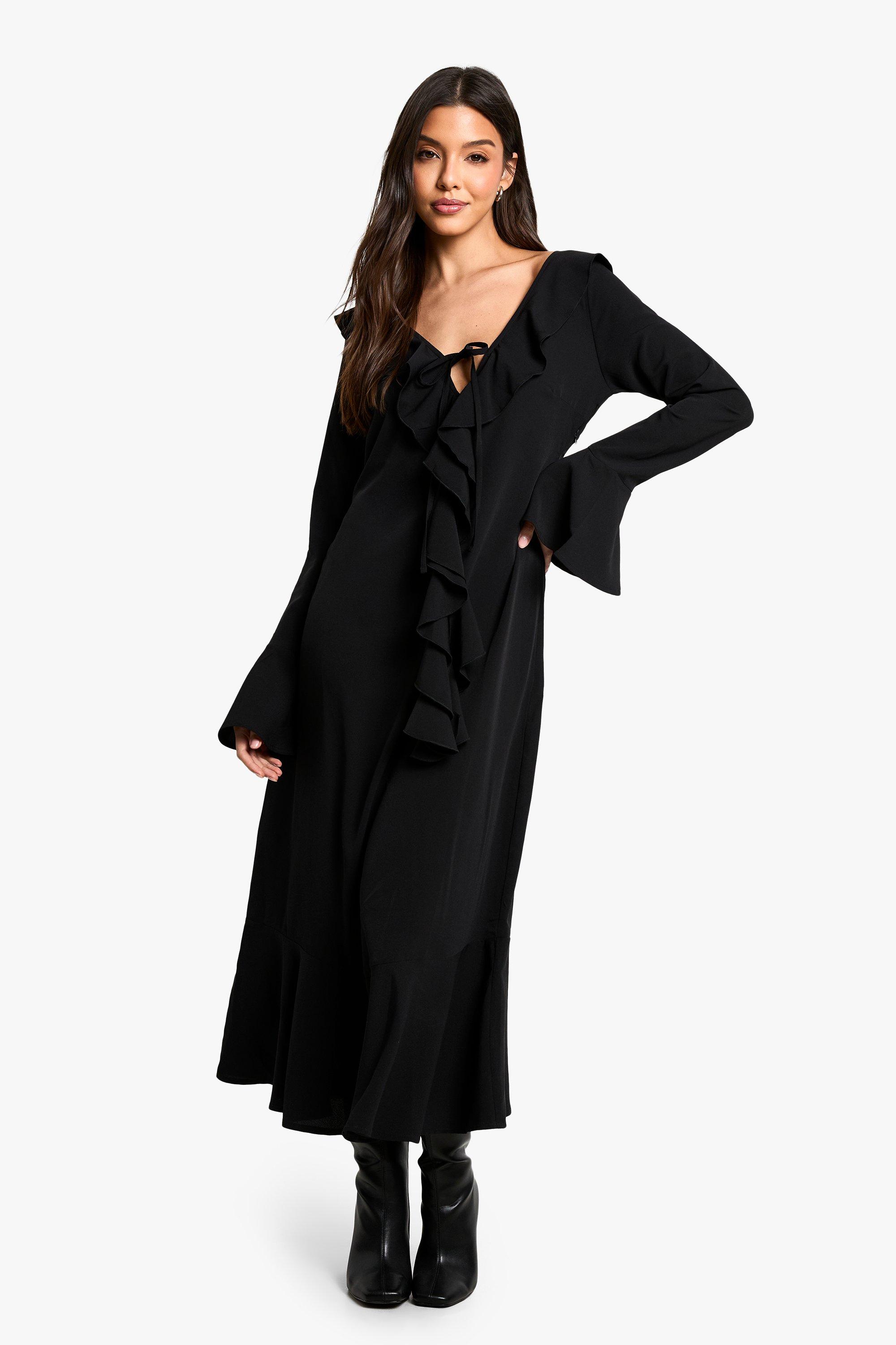 Image of Vestito longuette a maniche lunghe con trama e arricciature, Nero