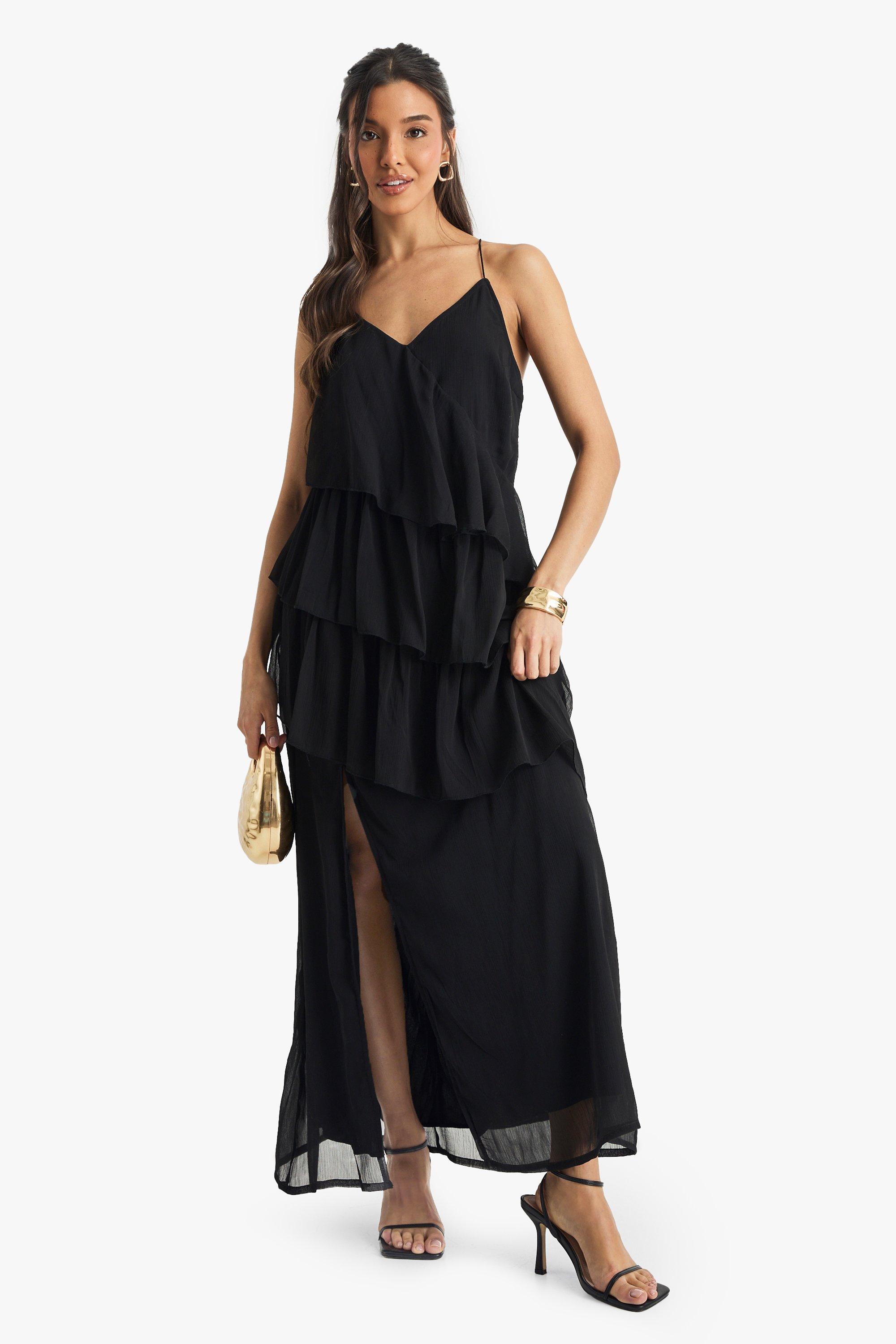 Image of Vestito longuette in chiffon con arricciature incrociate sul retro, Nero