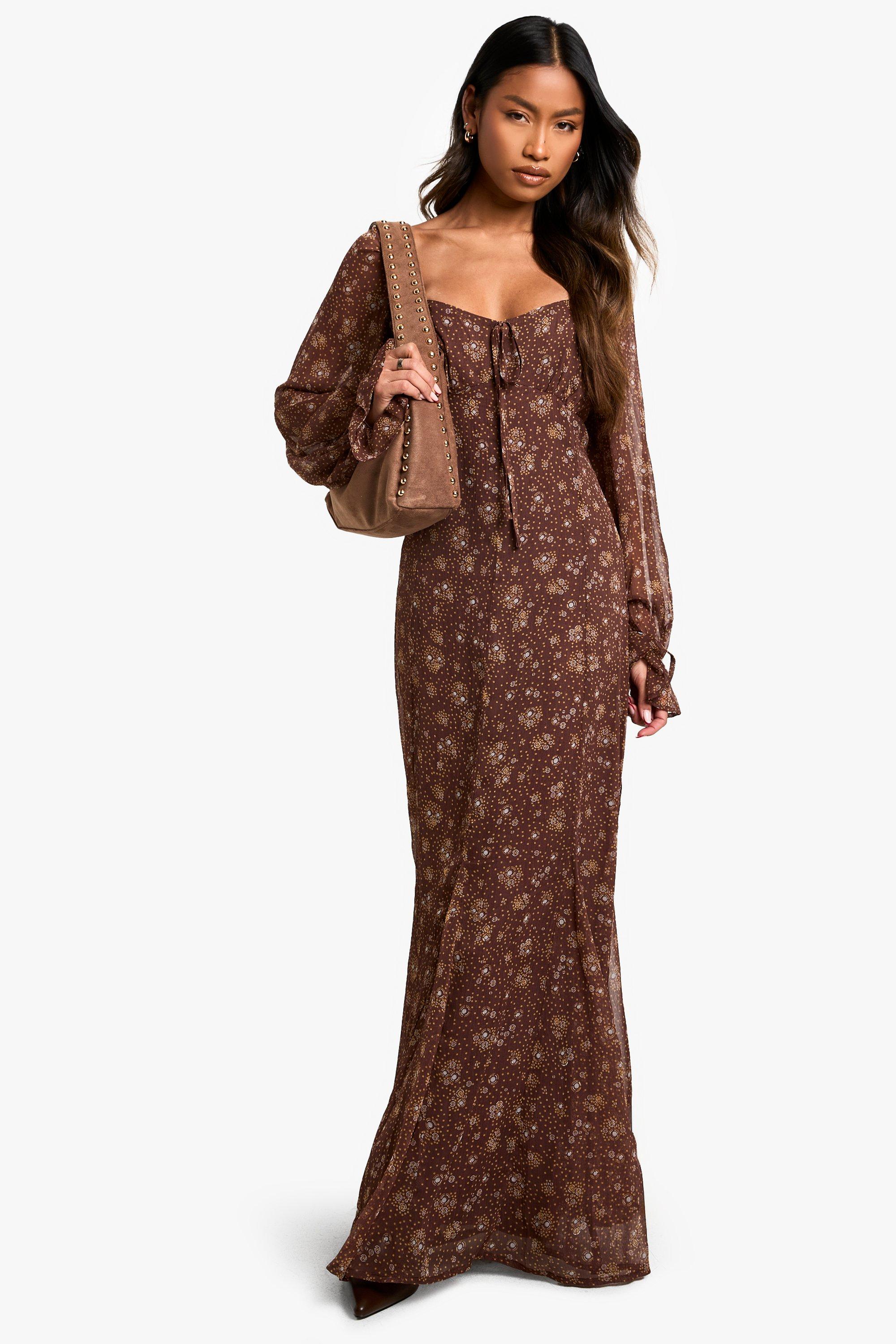 Image of Vestito maxi da Milkmaid in chiffon effetto goffrato a fiori piccoli, Brown