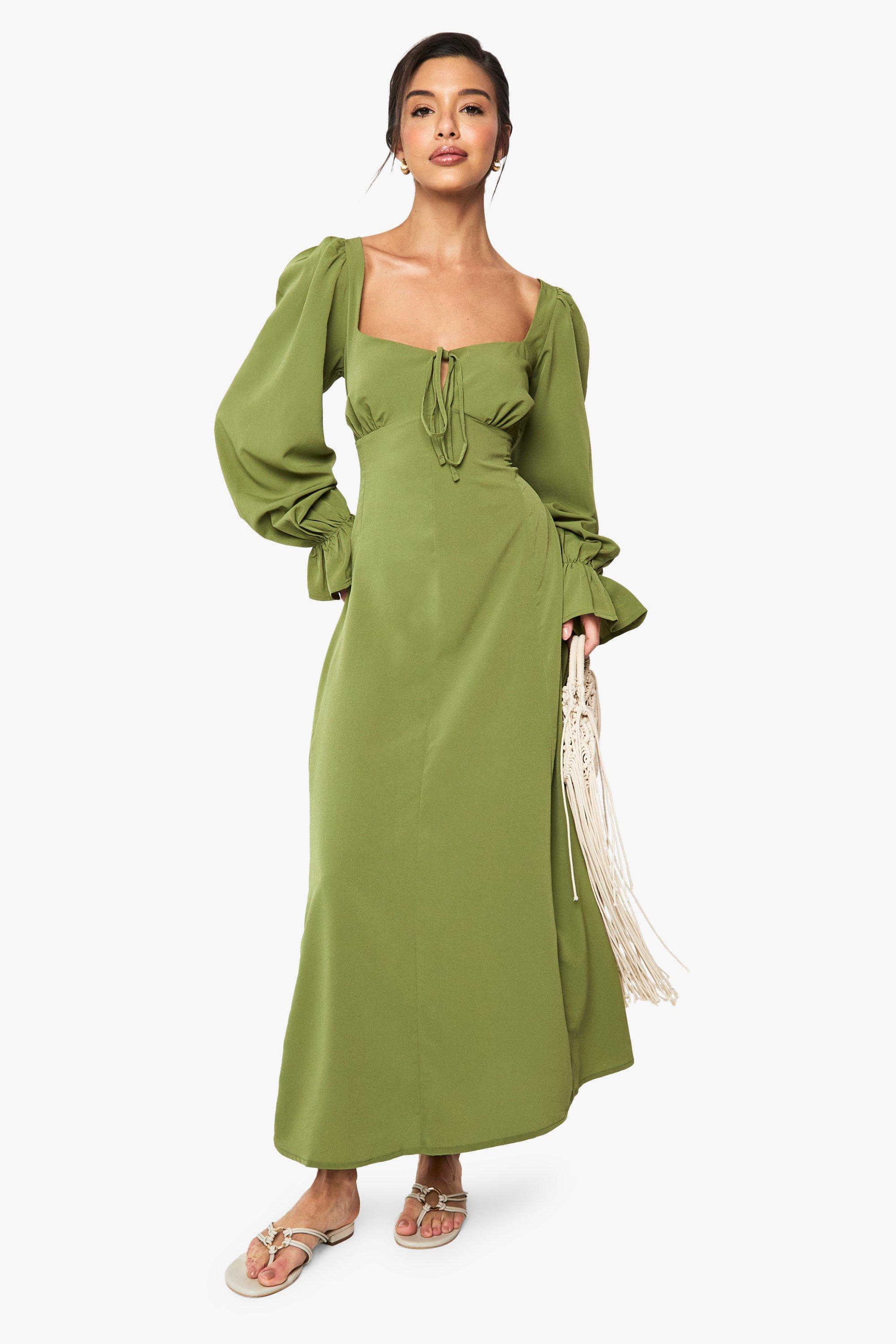 Image of Vestito maxi Milkmaid con trama in rilievo, Verde