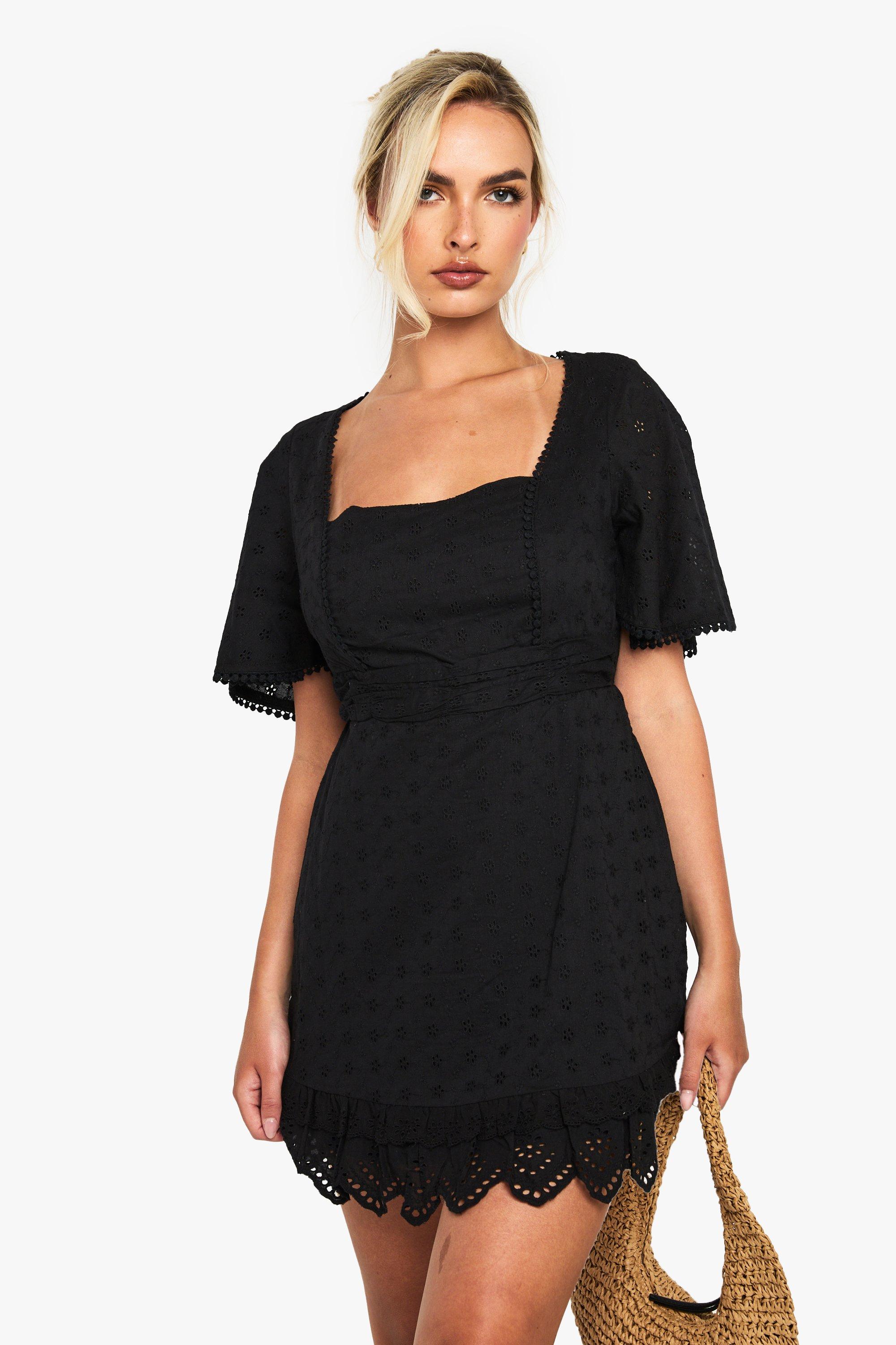 Boohoo Gehaakte Katoenen Mini Jurk Met Vierkante Hals, Black