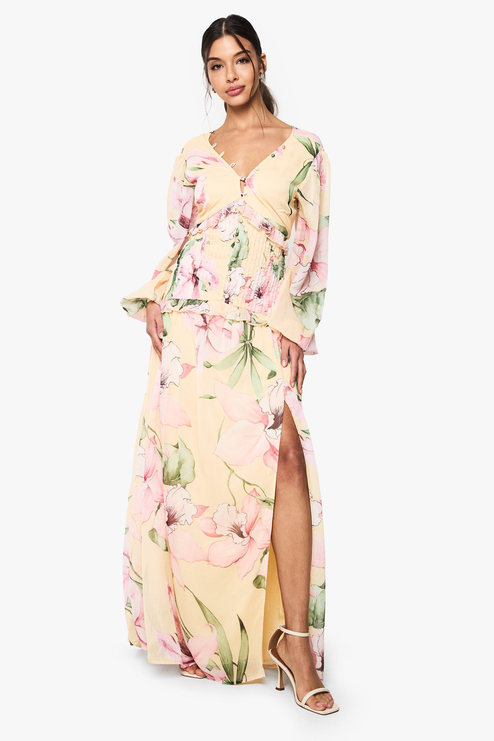Boohoo Floral Chiffon Long Sleeve Pleated Waist Maxi Dress, Cream