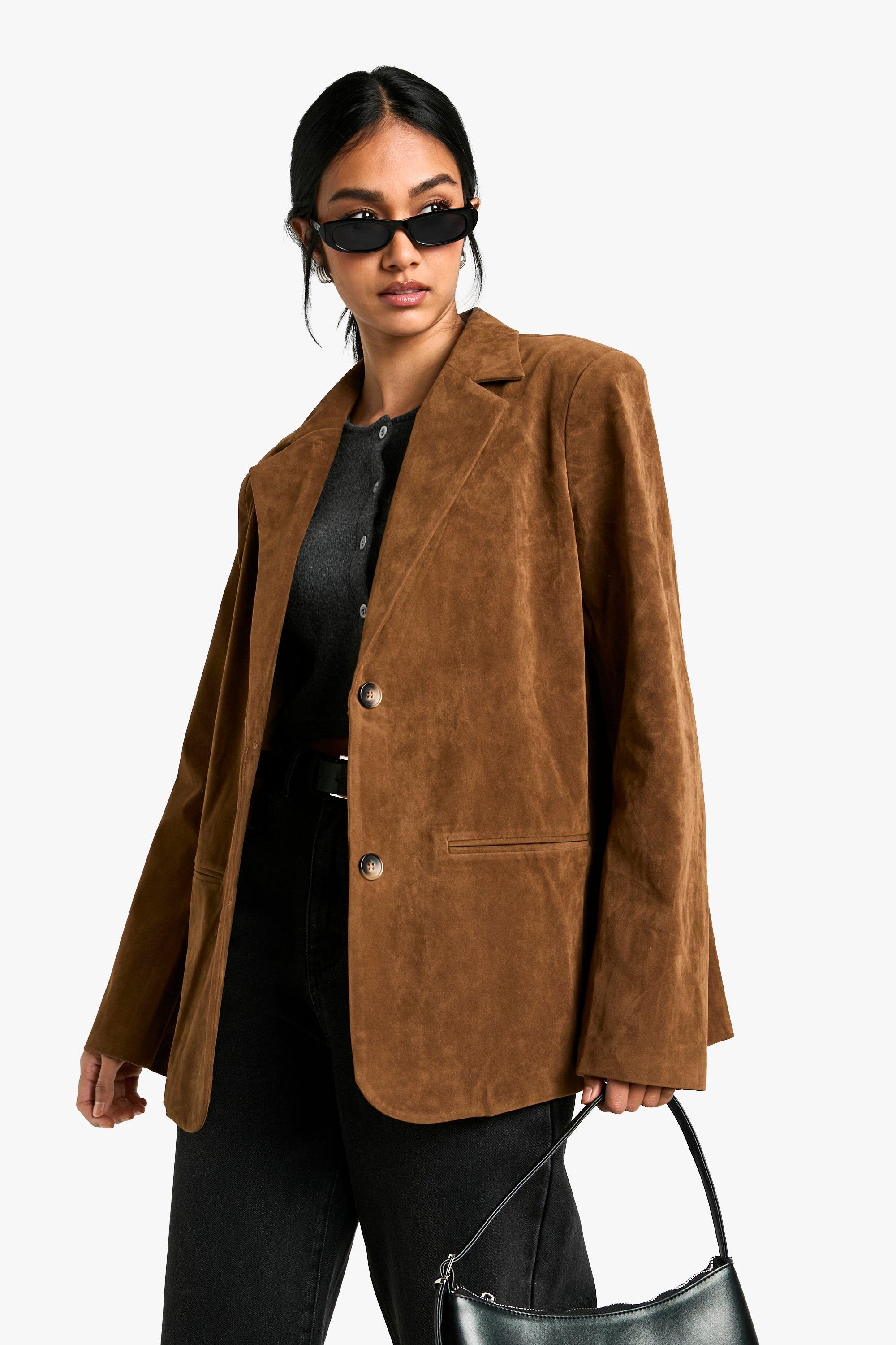 Image of Blazer rilassato in scamosciato sintetico effetto vintage, Brown