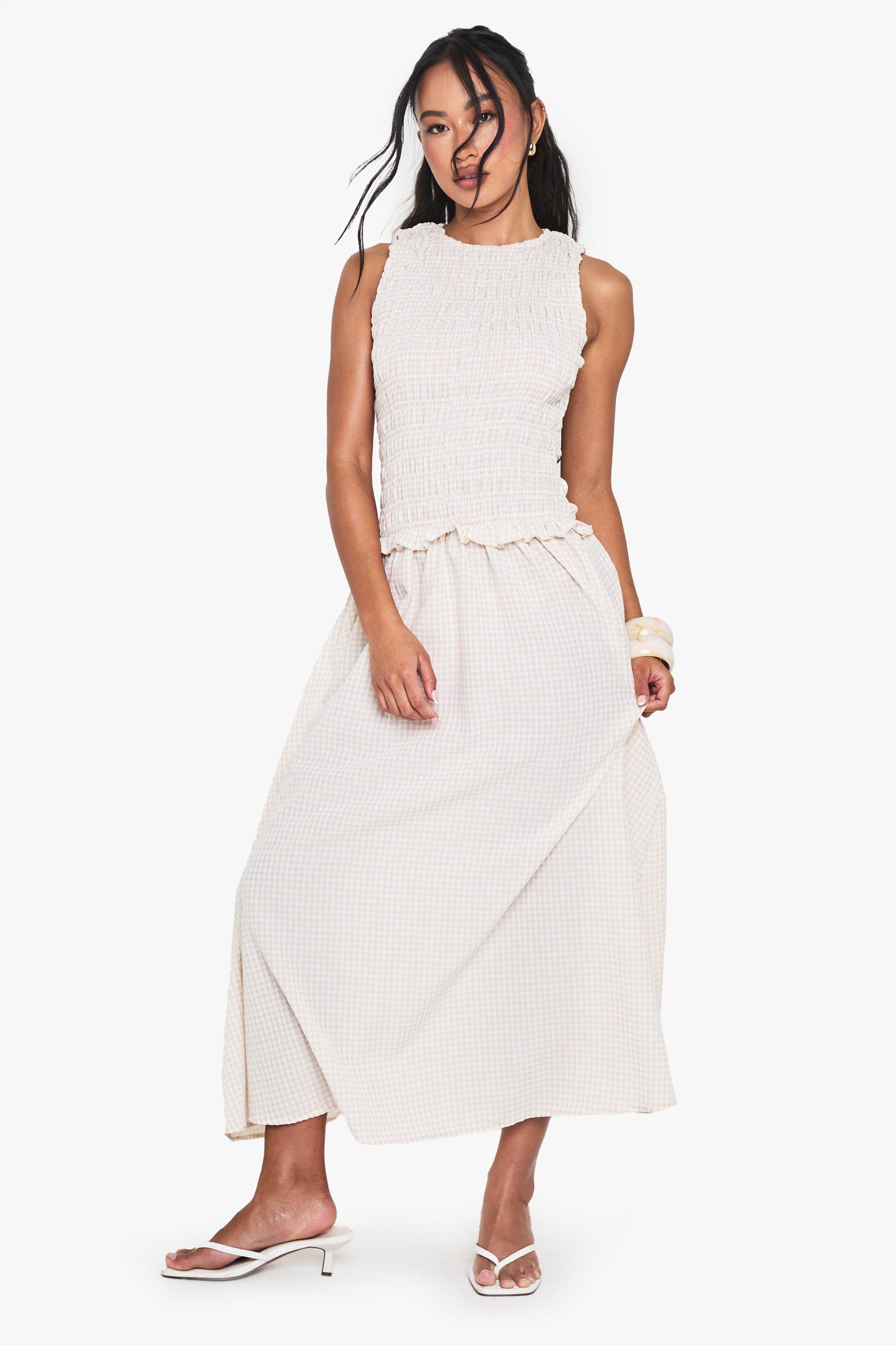 Image of Vestito longuette a quadretti increspato con vita scesa, Beige