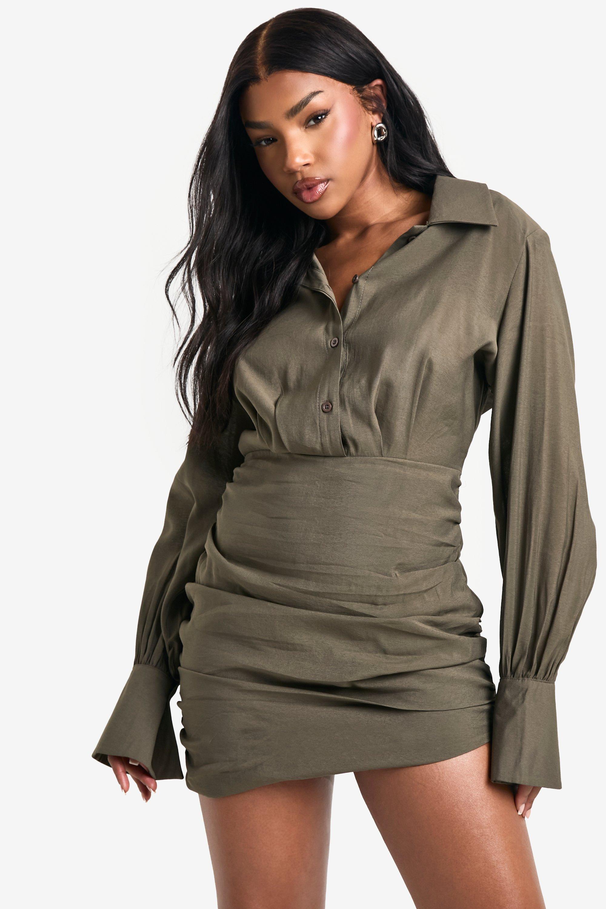 Boohoo Ruched Detail Shirt Dress, Olive