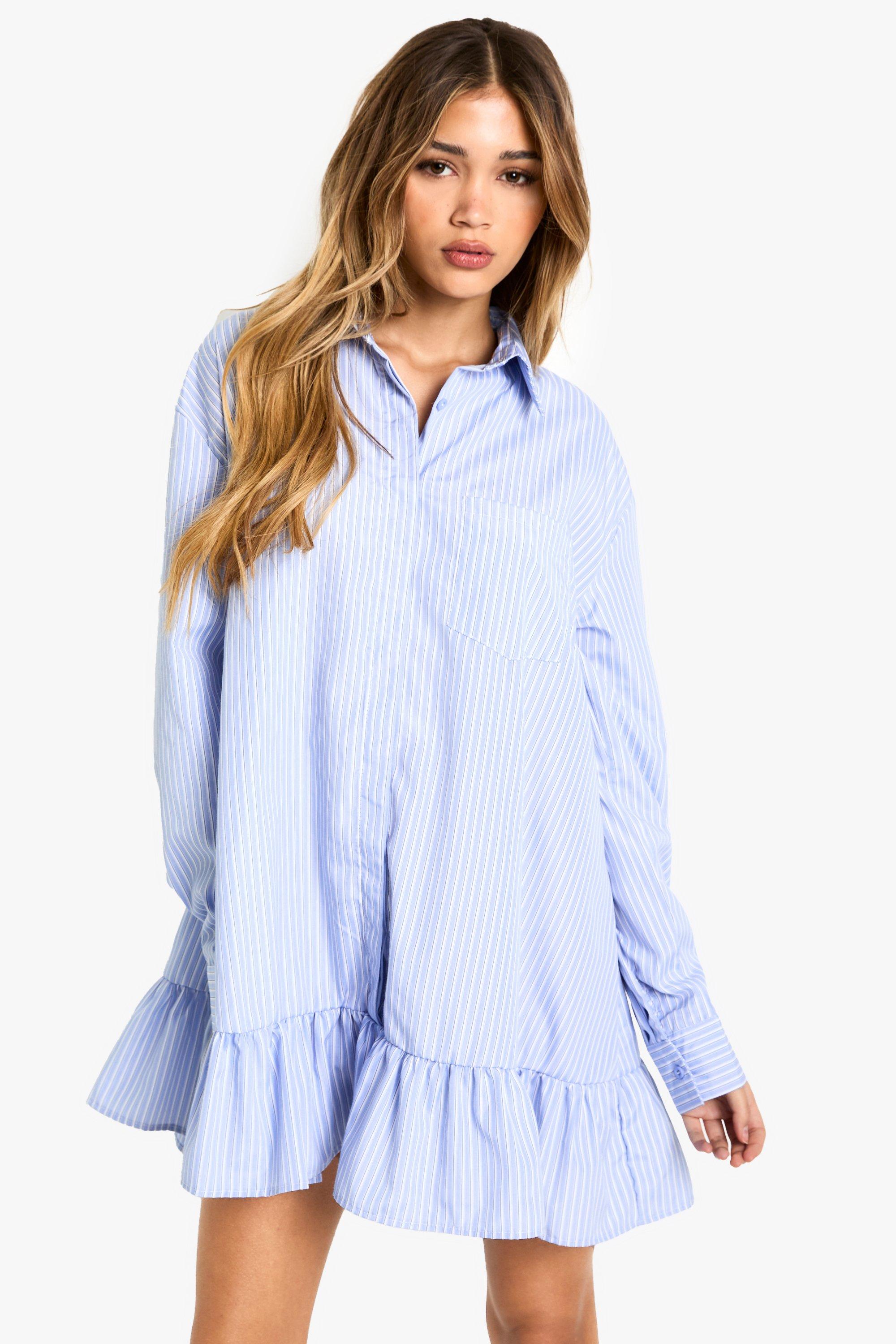 Boohoo Stripe Skater Drop Hem Shirt Dress, Blue