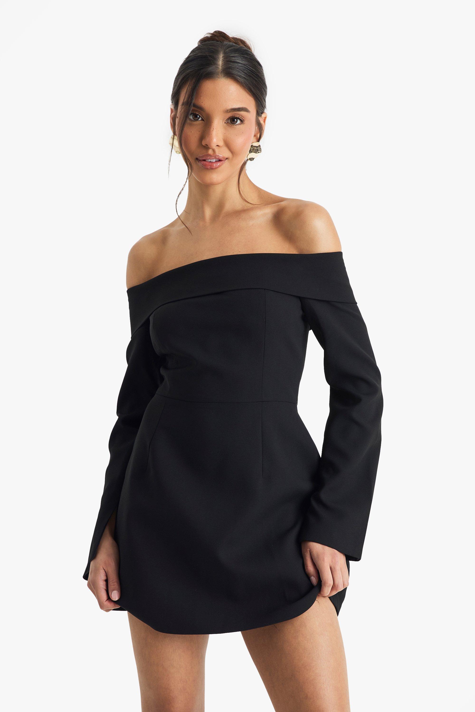 Boohoo Getailleerde Off Shoulder Mini Skater Jurk Met Structuur, Black