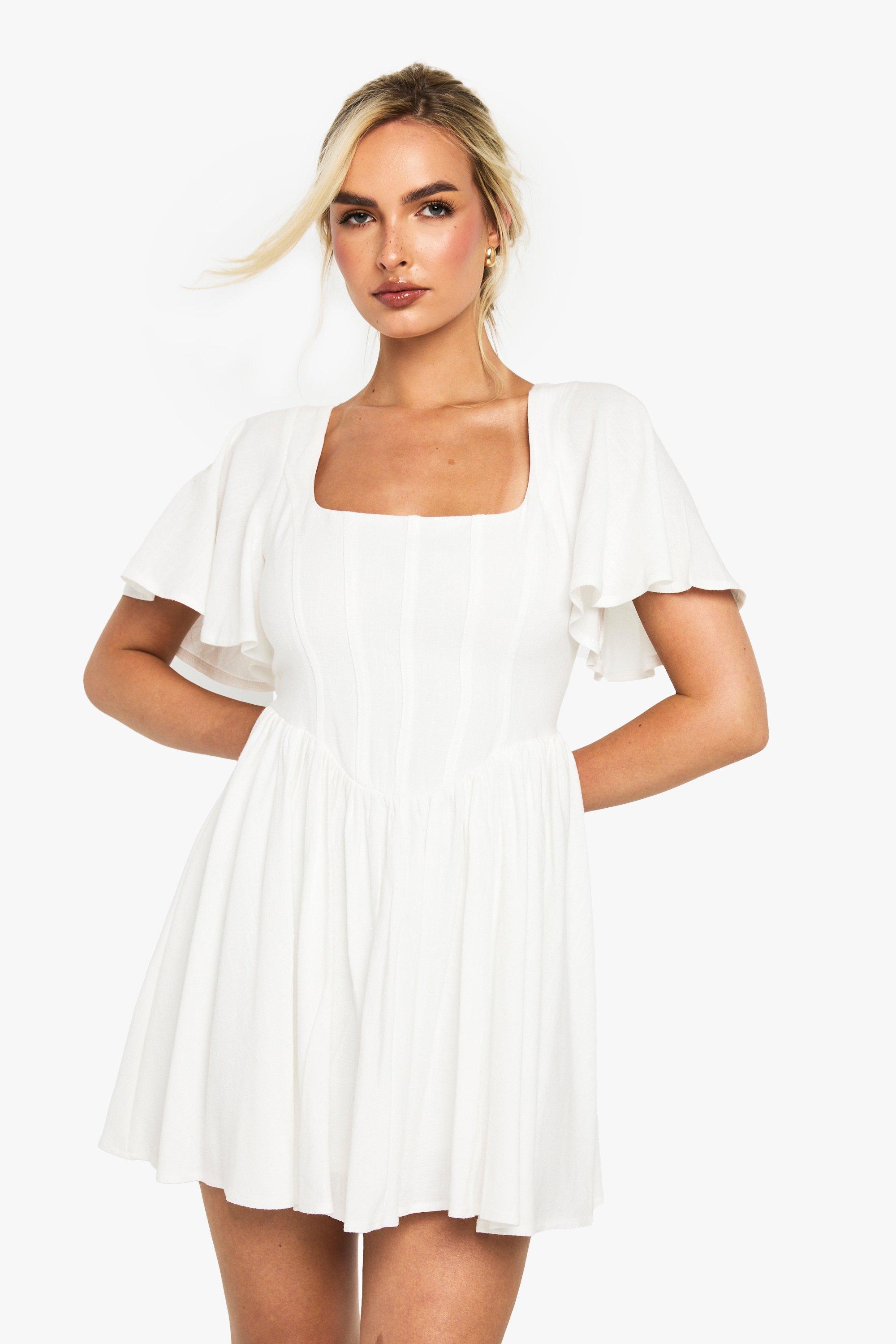 Boohoo Gesmokte Linnen Look Jurk Met Korset Detail, White