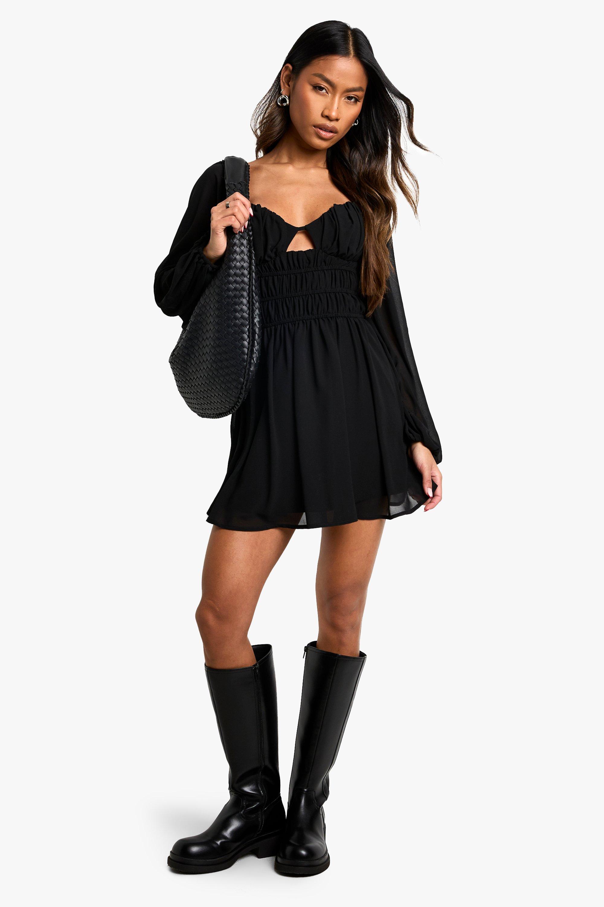 Boohoo Geplooide Chiffon Mini Jurk Met Wijde Mouwen, Black