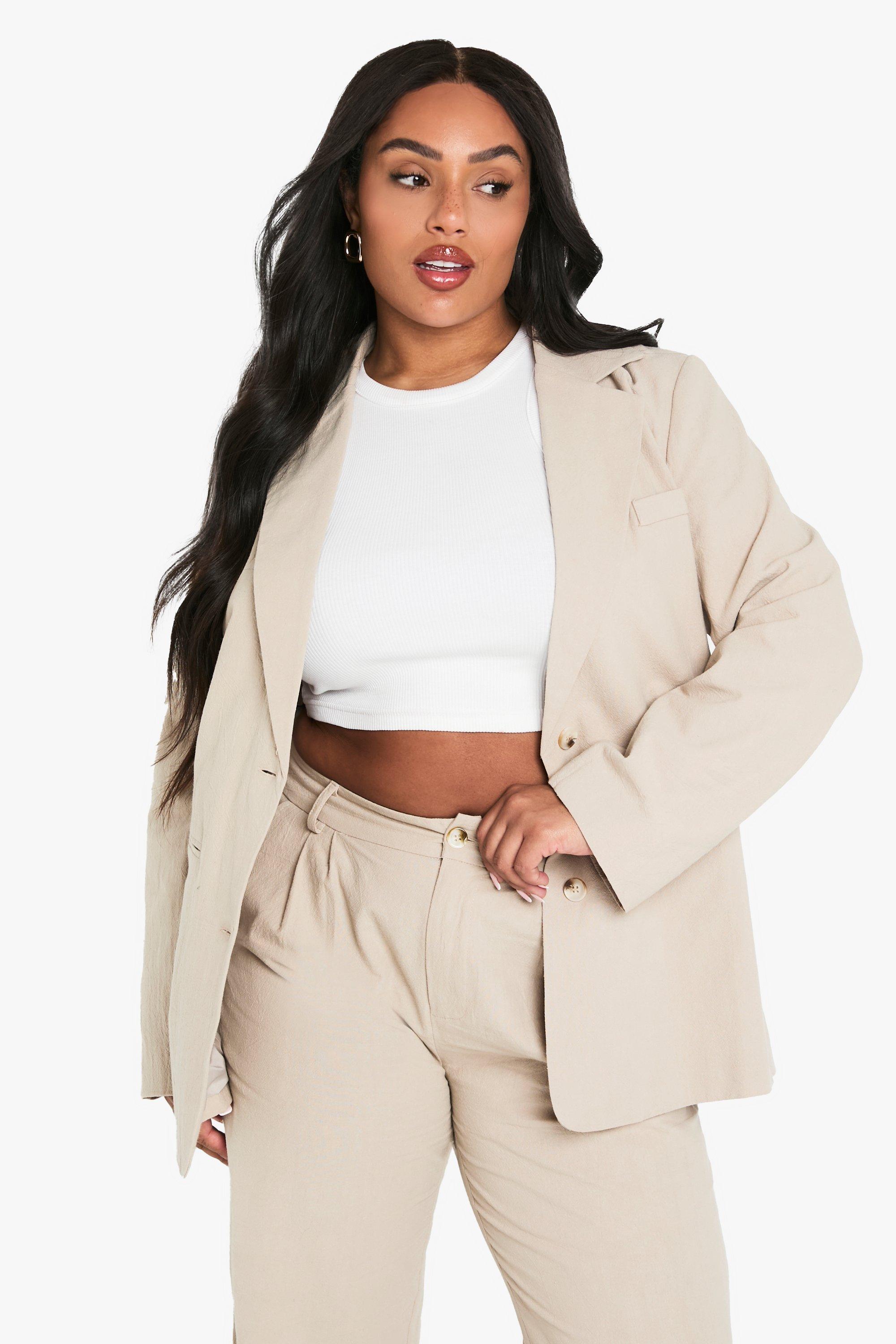 Image of Blazer Plus Size effetto lino con cintura, Beige