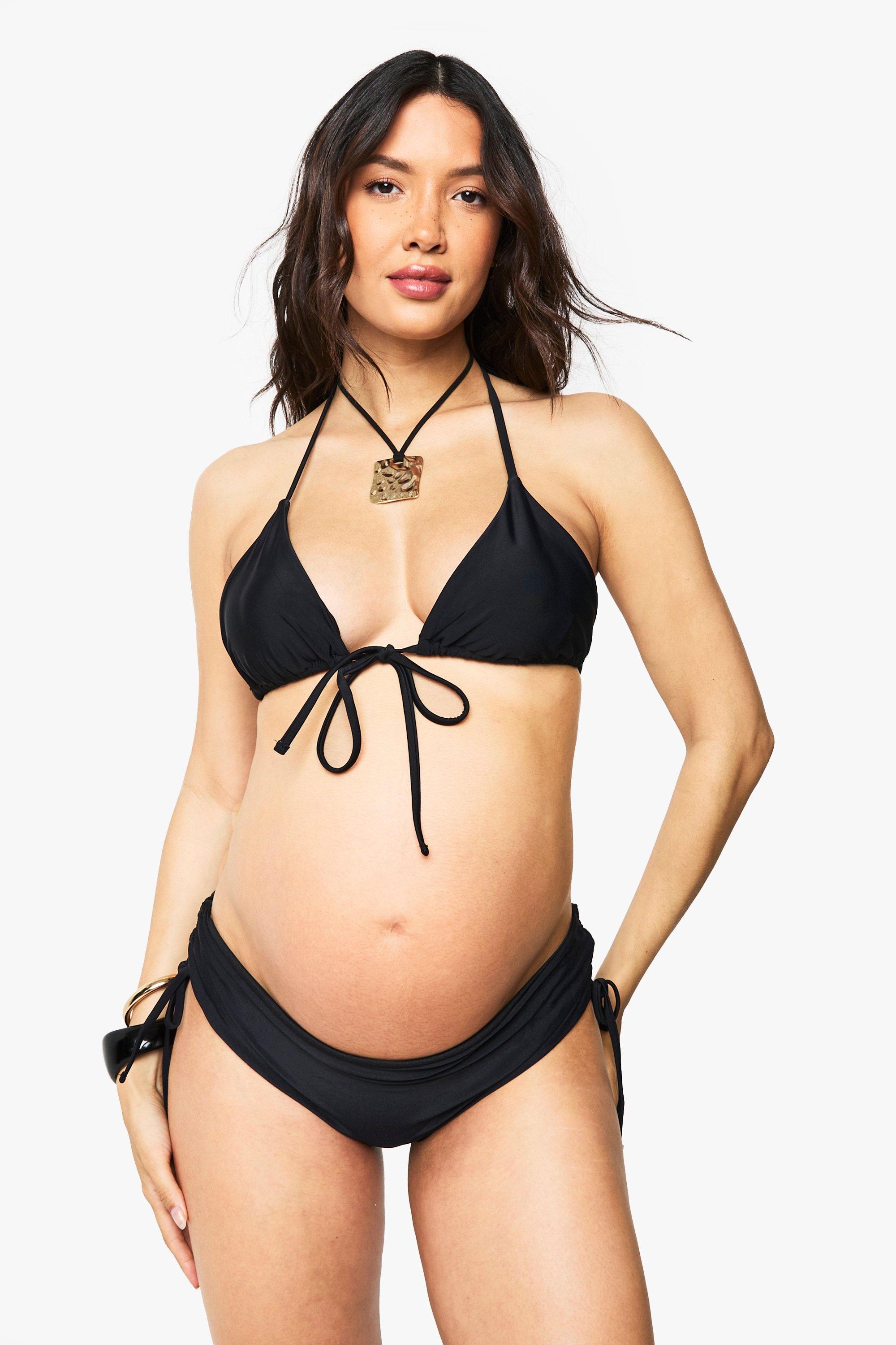 Boohoo Maternity Tie Front Triangle High Waisted Ruched Side Bikini, Black