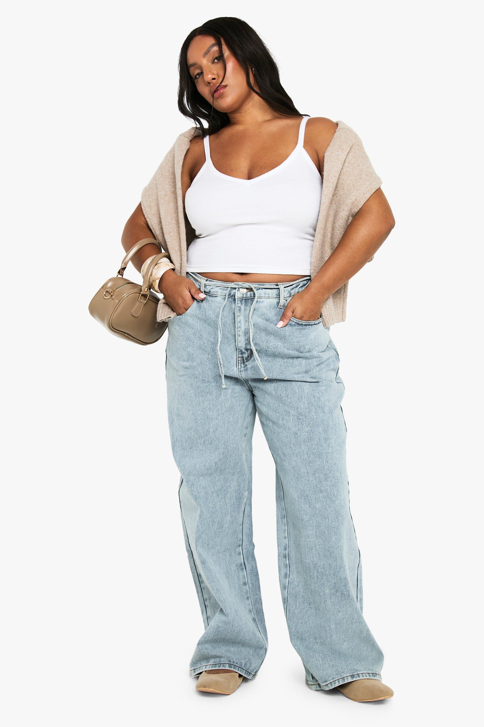 Boohoo Plus Jeans Met Elastische Rug, Strik En Touwtjes, Acid Wash Light Blue