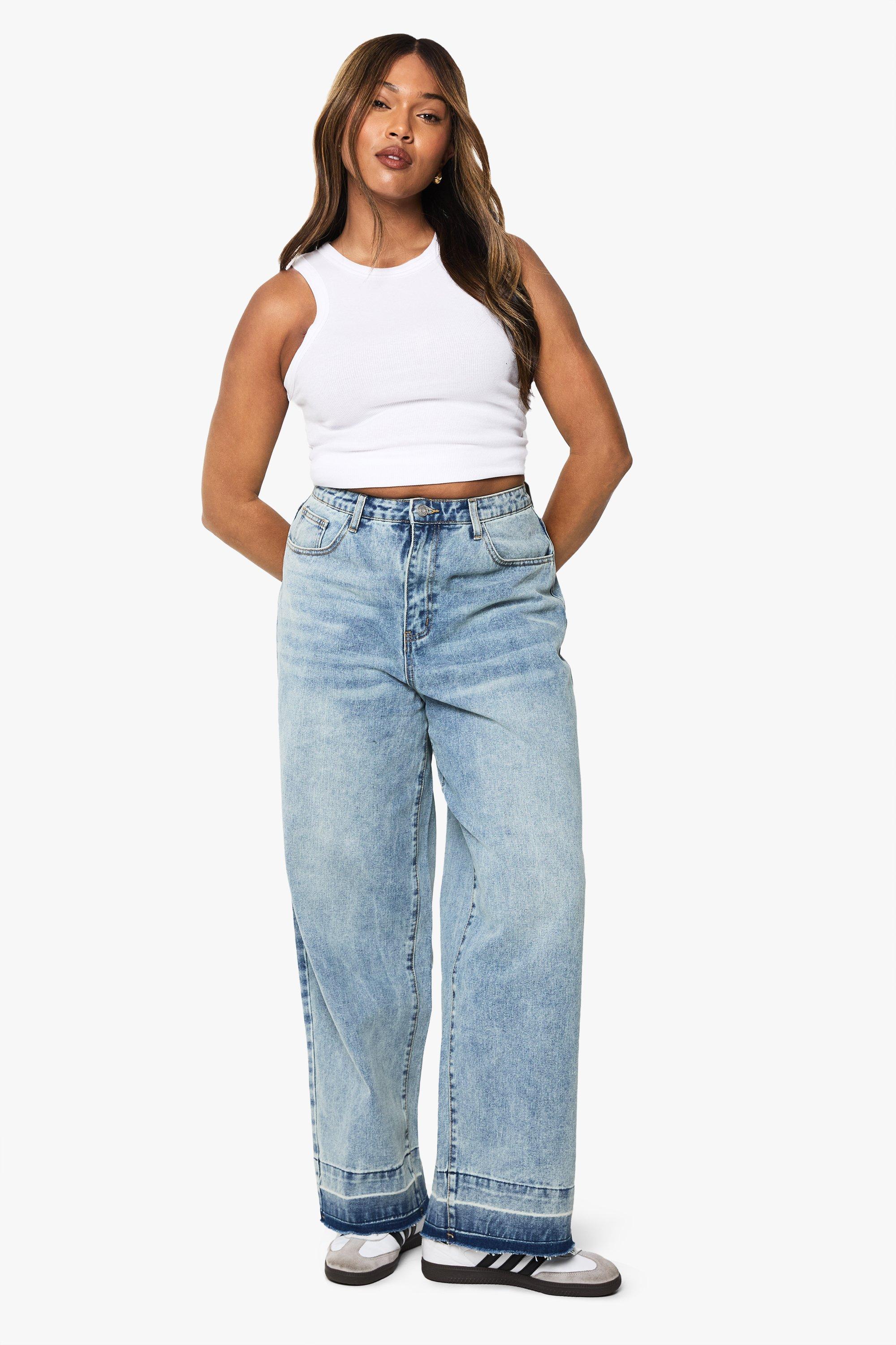 Boohoo Plus Jeans Met Gerafelde Zoom En Rechte Pijpen, Mid Blue