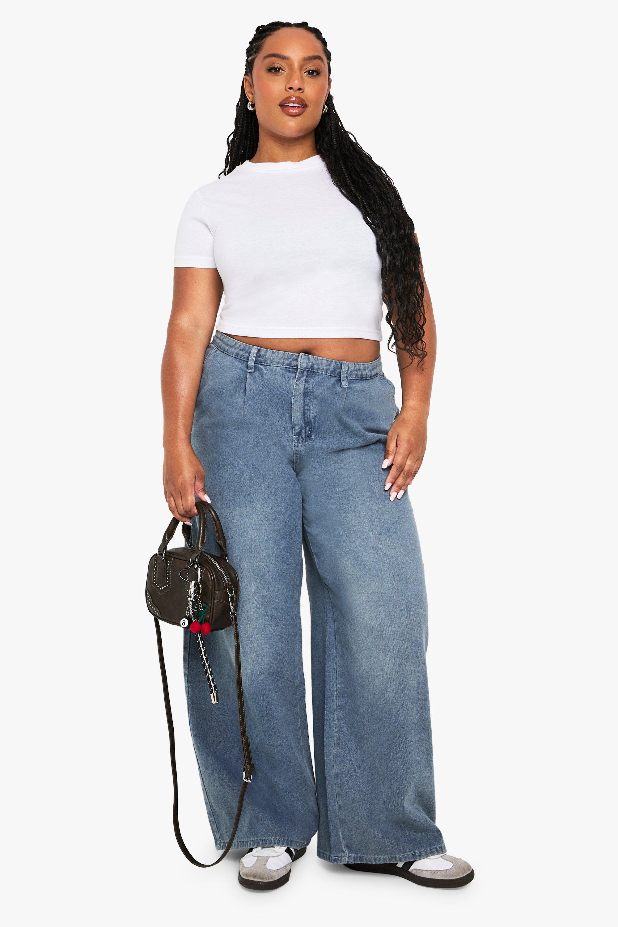 Boohoo Plus Geplooide Wide Leg Jeans, Mid Blue