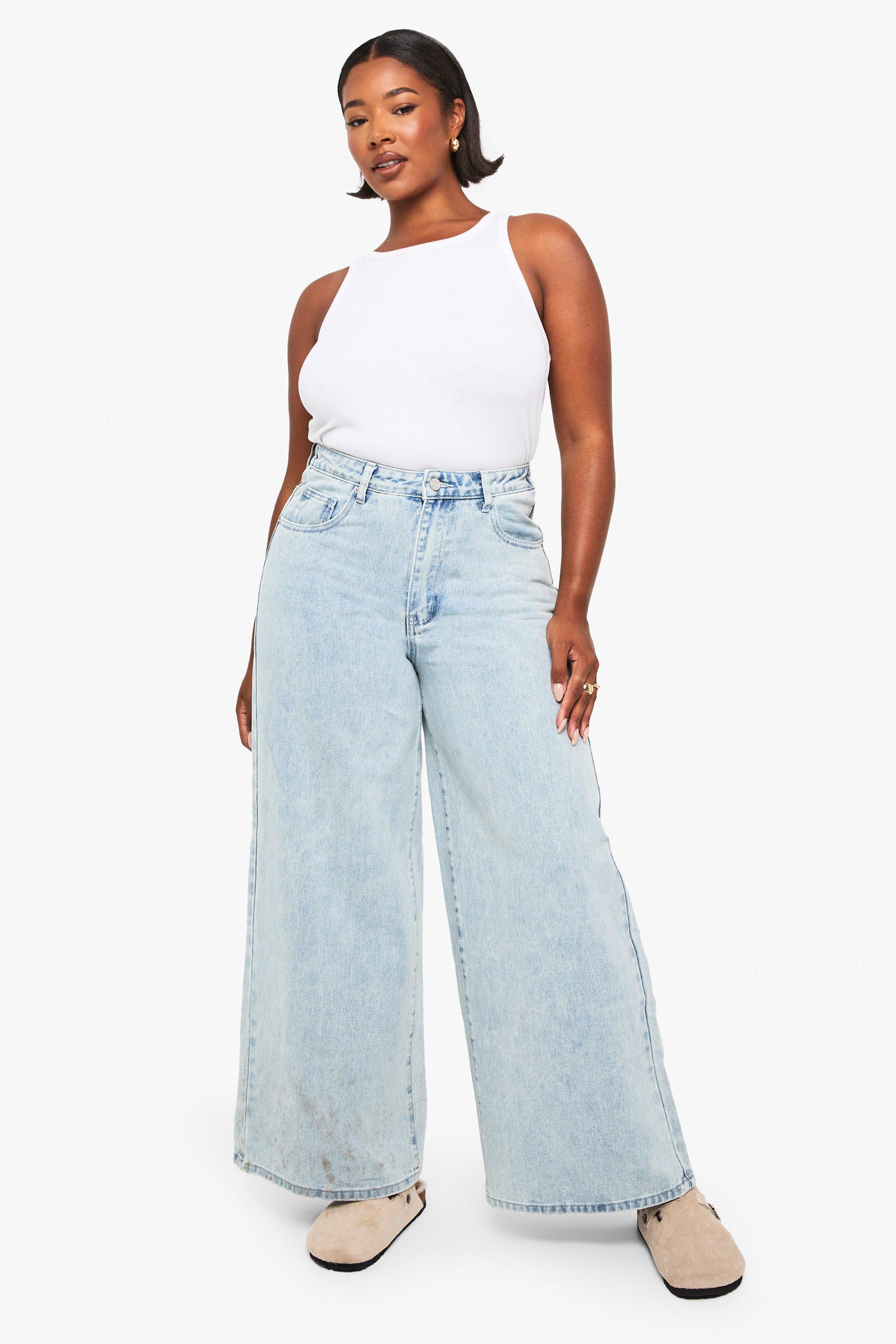 Boohoo Plus Wide Leg Jeans Met Elastische Taille, Light Blue