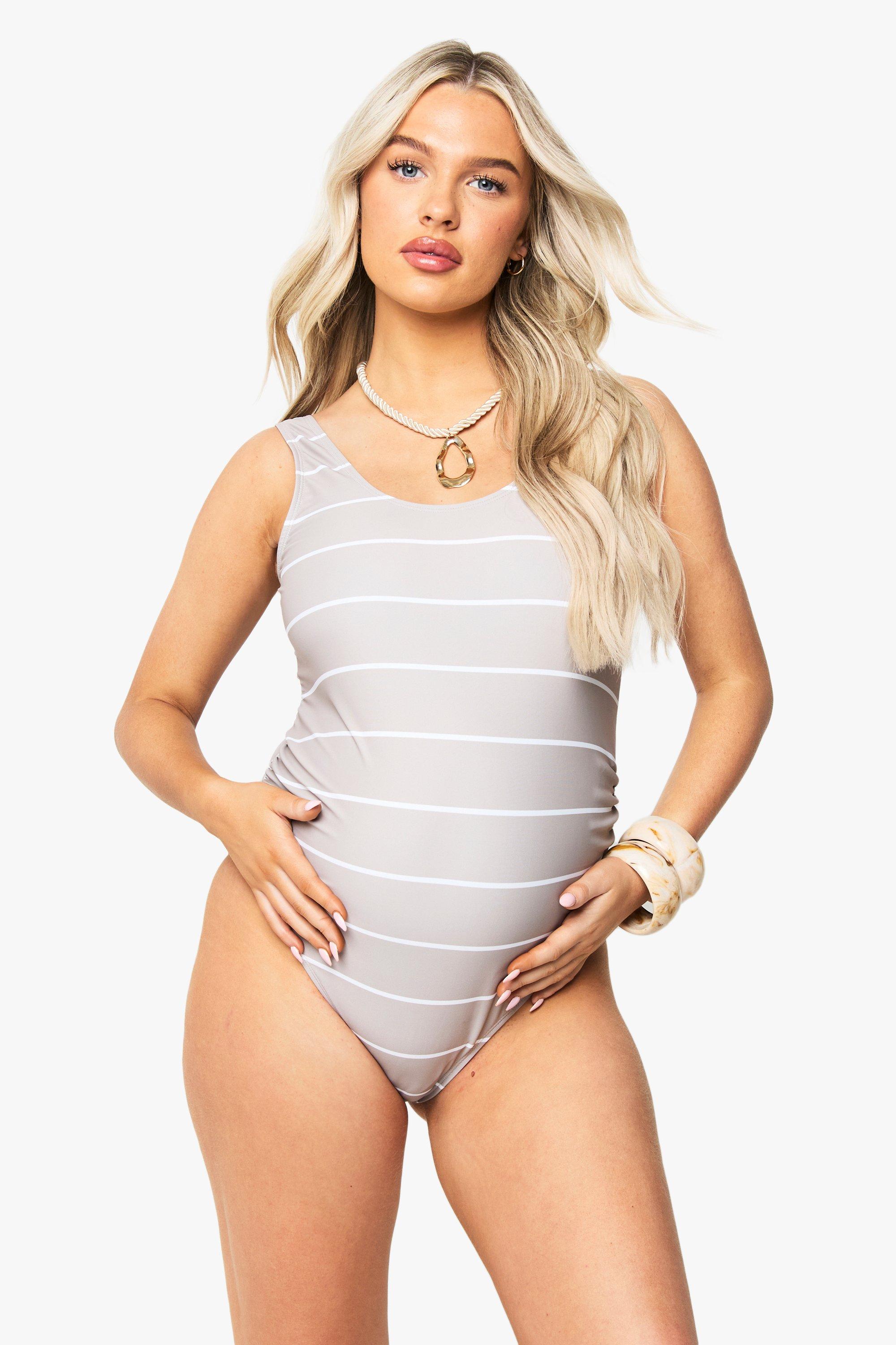 Image of Costume intero Premaman a righe con ruches e supporto per la pancia, Beige