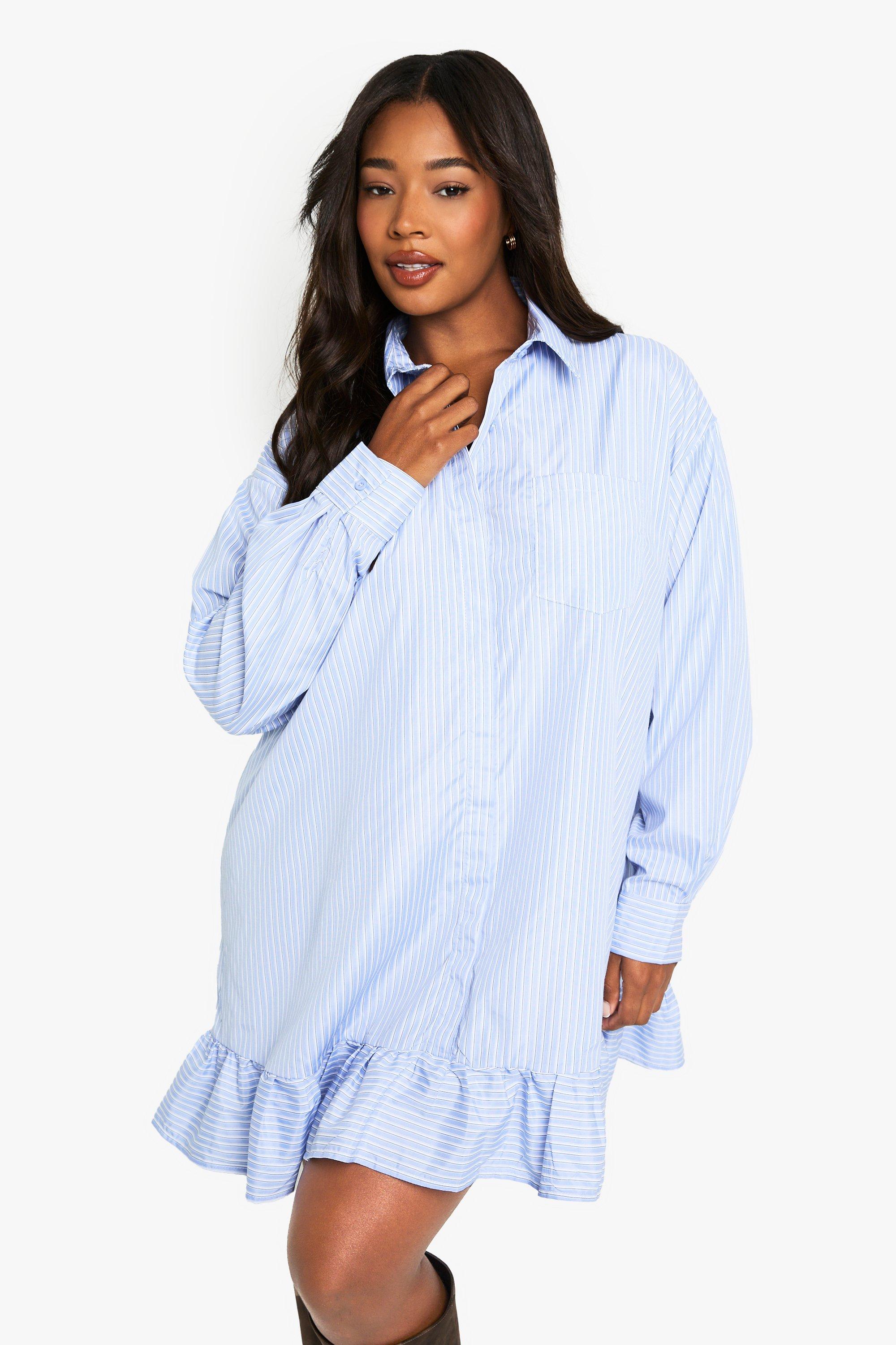 Boohoo Plus Skater Drop Hem Shirt Dress - Stripe, Light Blue