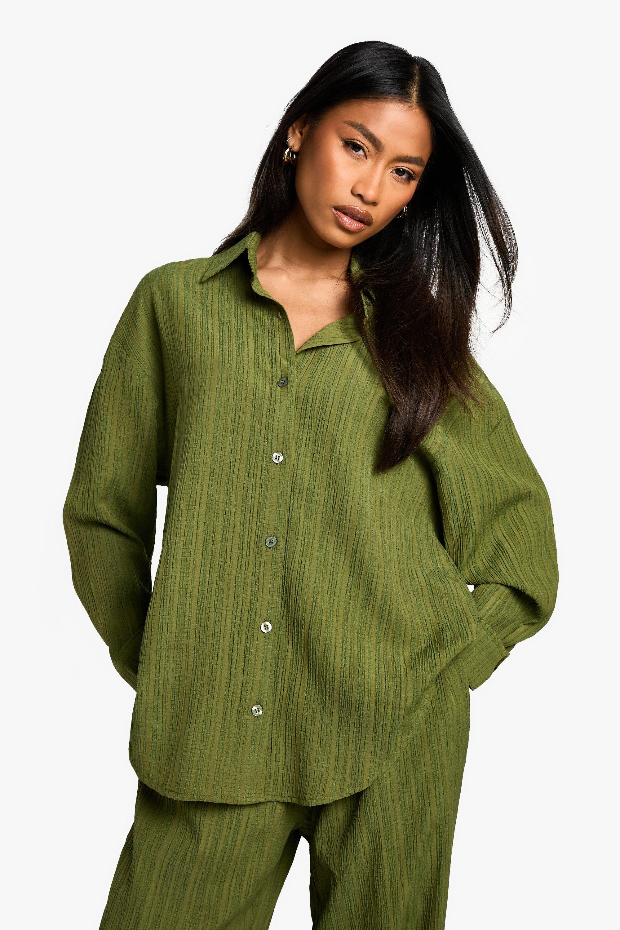 Image of Camicia in tessuto effetto goffrato con trama, Verde