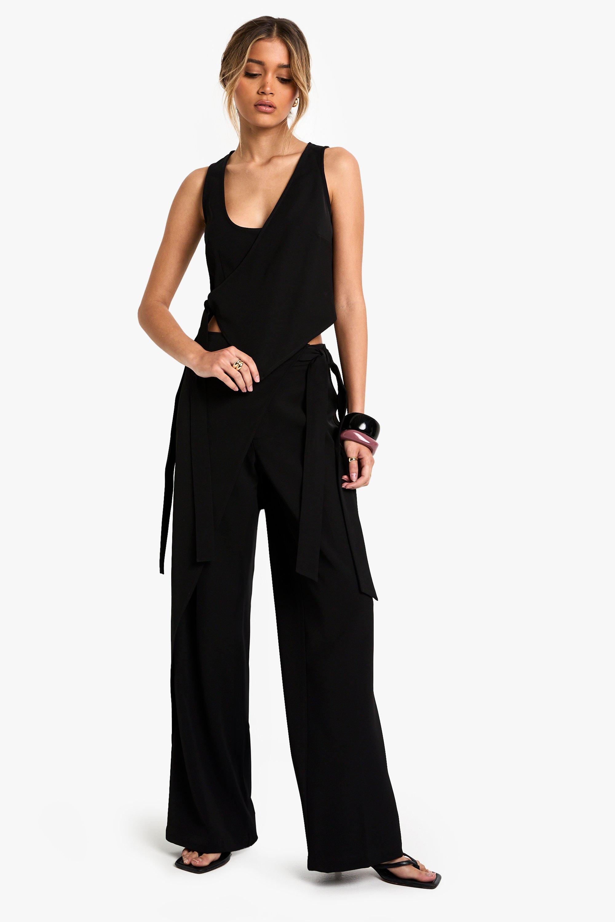 Image of Pantaloni dritti sartoriali a incrocio con laccetti, Nero
