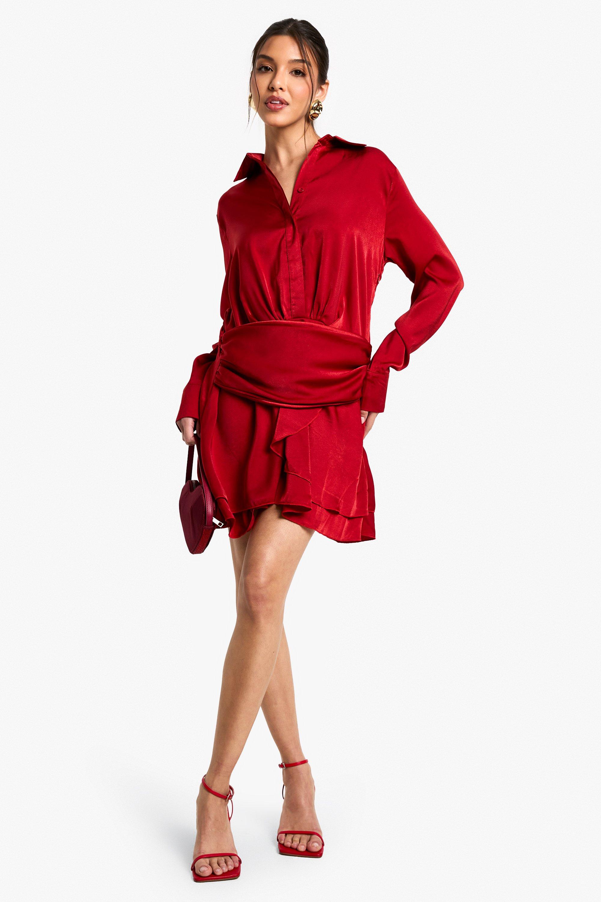 Boohoo Geplooide Satijnen Blouse Jurk, Red