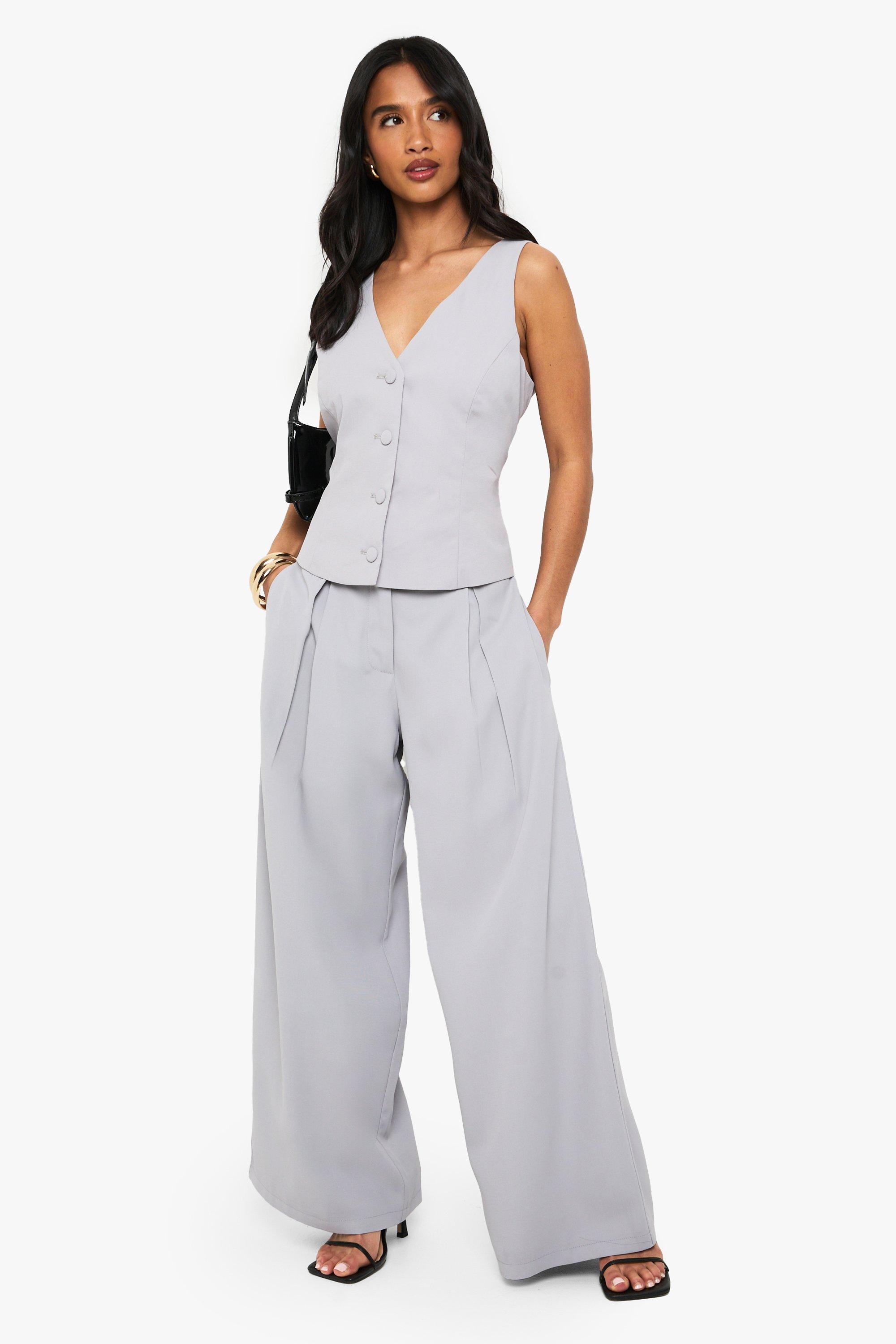 Image of Pantaloni sartoriali Petite a gamba ampia con pieghe, Grigio
