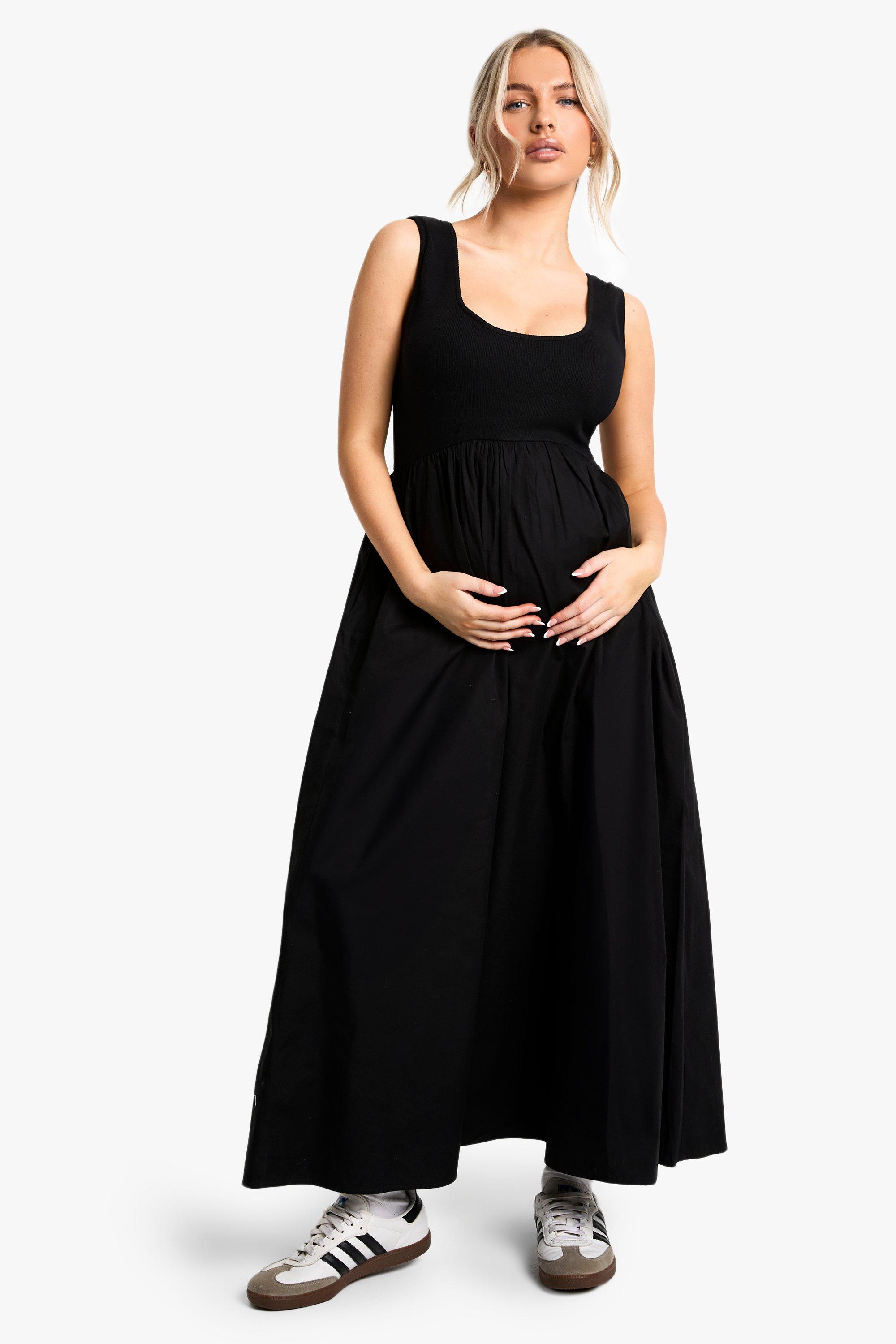 Boohoo Zwangerschap Geribbelde Katoenen Midaxi Skater Jurk Met Vierkante Hals, Black