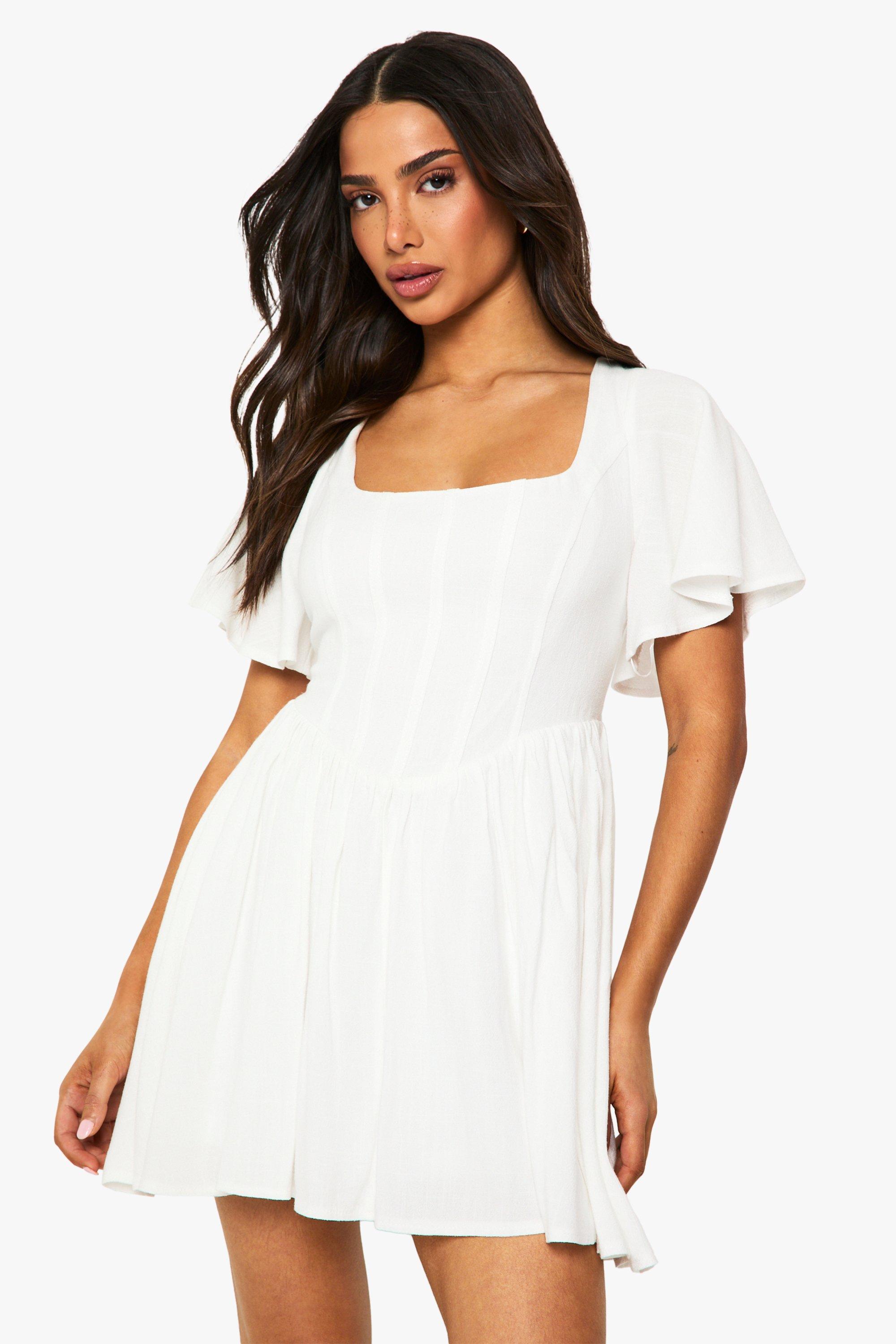 Boohoo Petite Linnen Skater Jurk Met Korset Detail En Engelenmouwen, Ivory