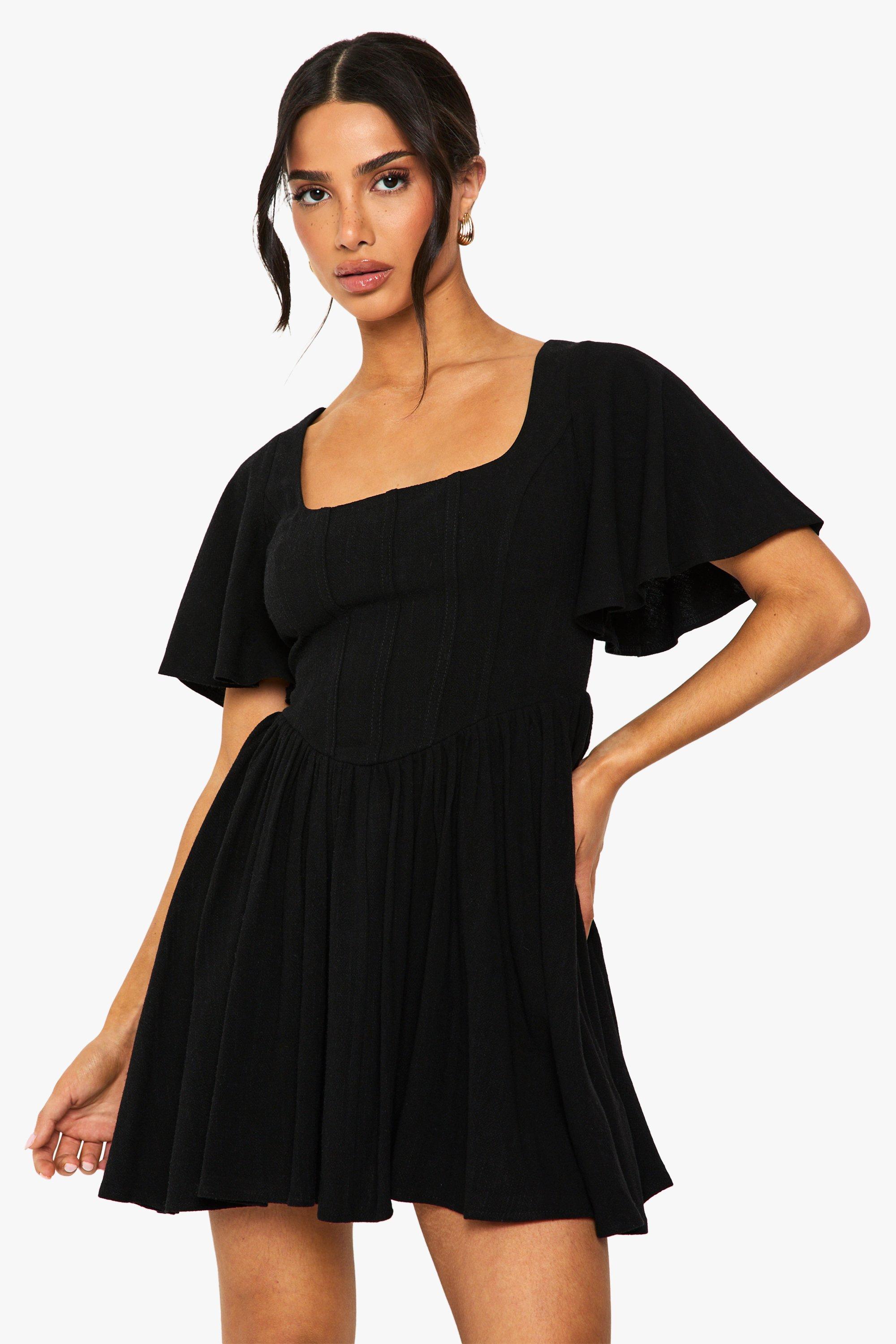 Boohoo Petite Linnen Skater Jurk Met Korset Detail En Engelenmouwen, Black
