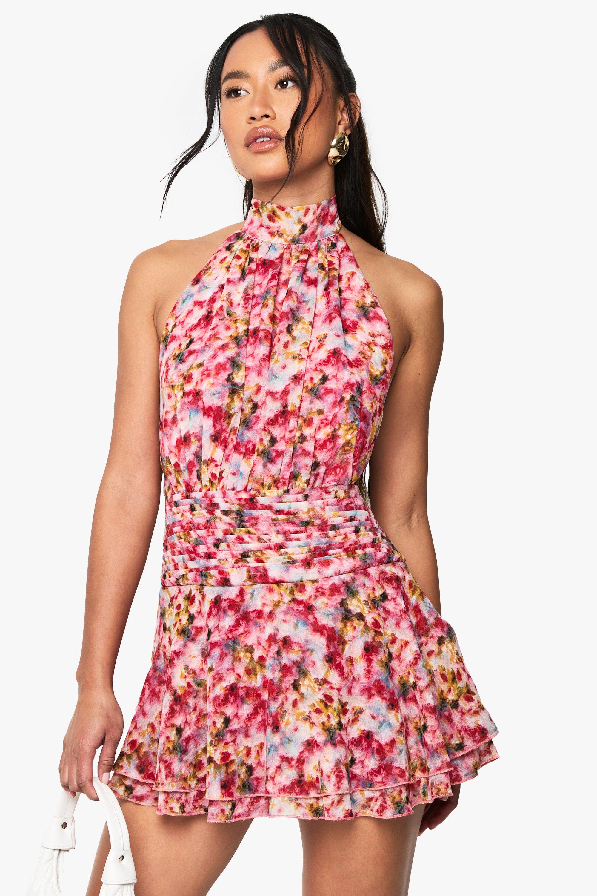 Boohoo Geplooide Chiffon Bloemen Mini Jurk, Pink