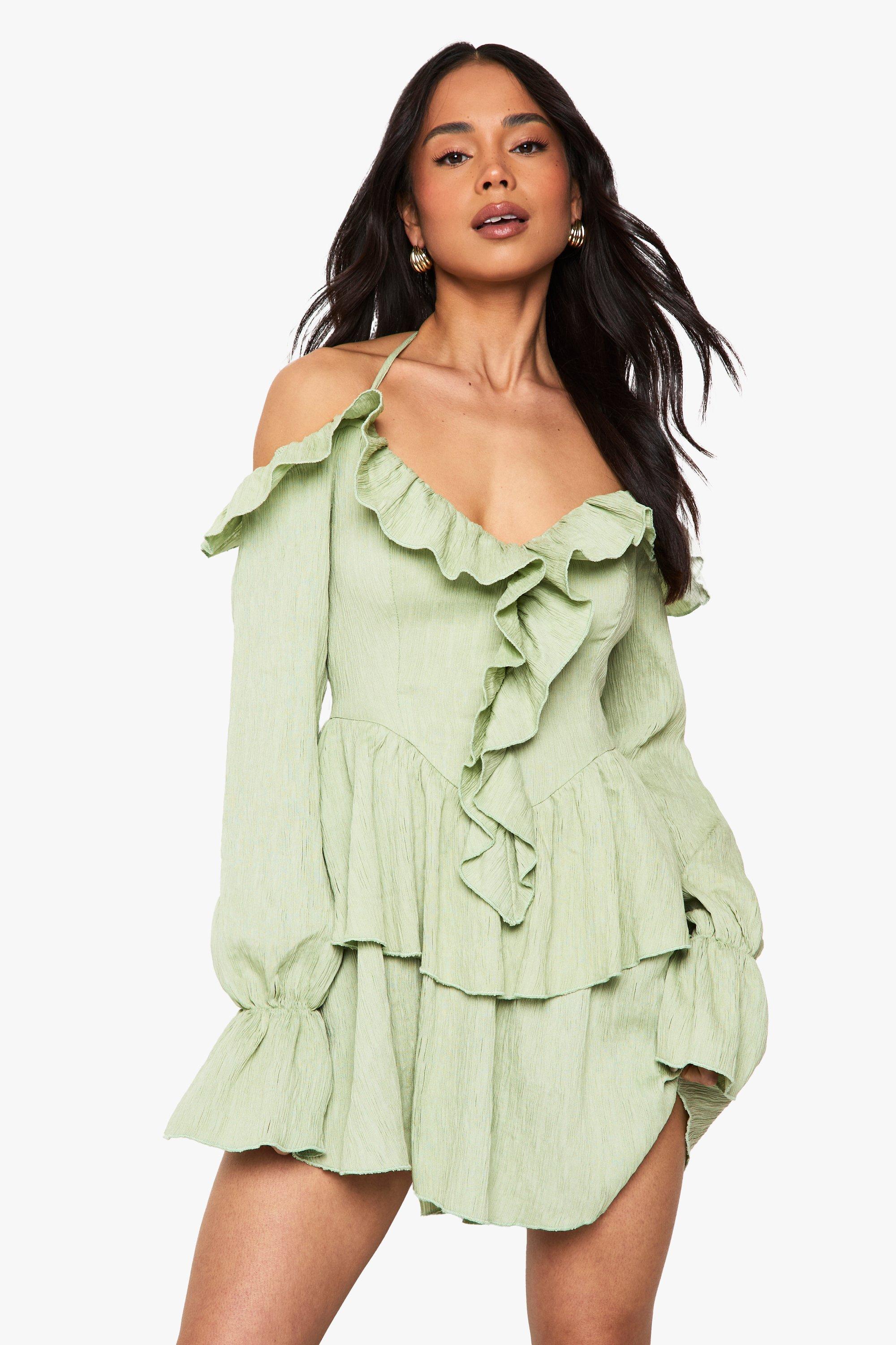 Boohoo Gekreukelde Mini Jurk Met Ruches En Laagjes, Sage