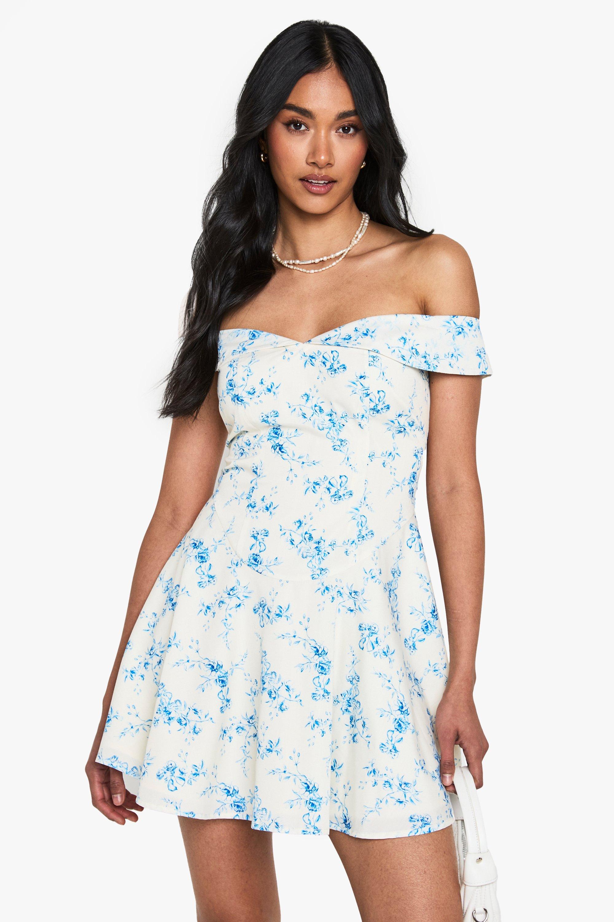 Boohoo Bloemenprint Off Shoulder Skater Mini Jurk, Blue