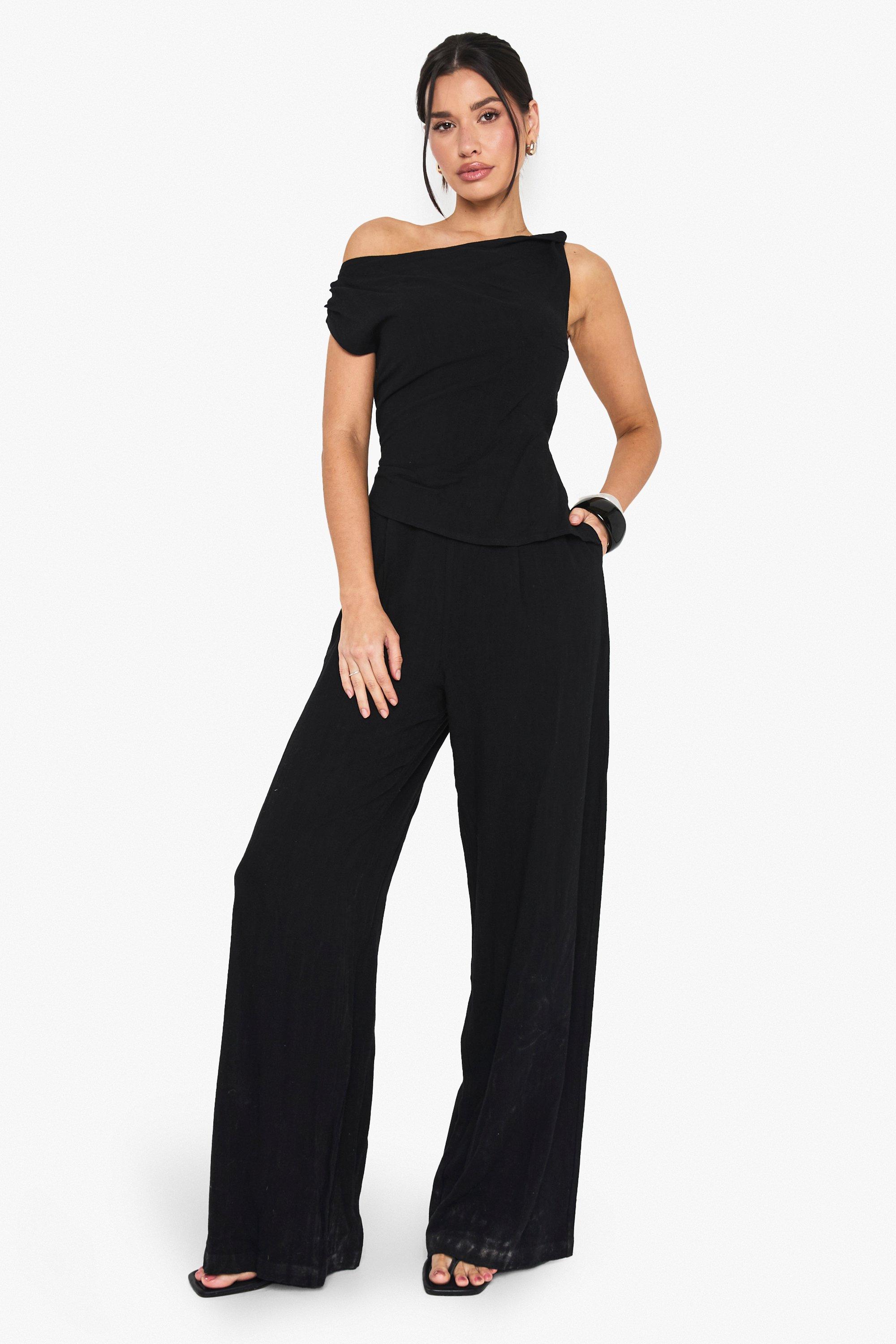 Boohoo Tall Gedraaide Linnen Look Jumpsuit Met Bandjes, Black