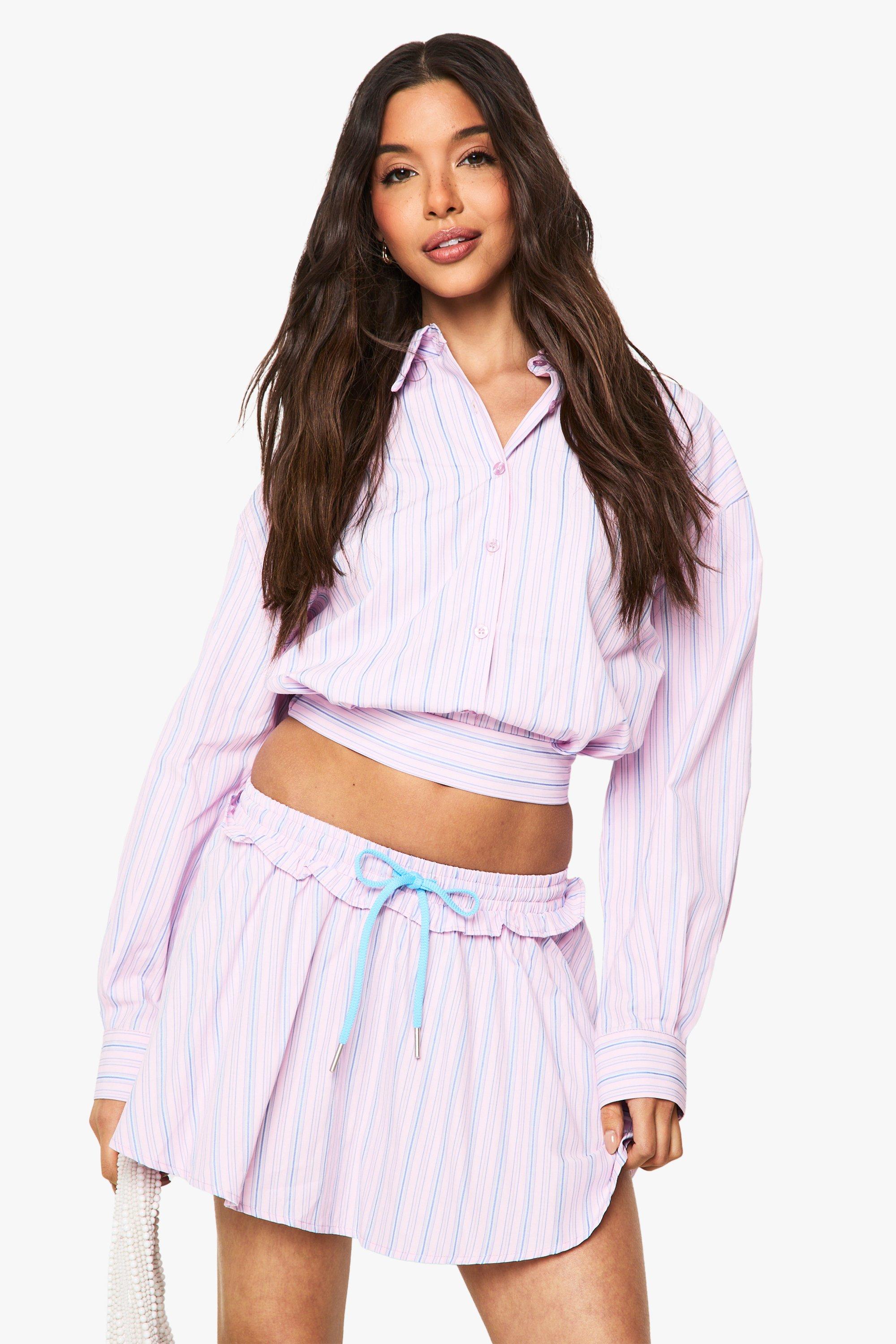 Image of Minigonna Skater a righe blu e rosa con arricciature e cuciture, Pink