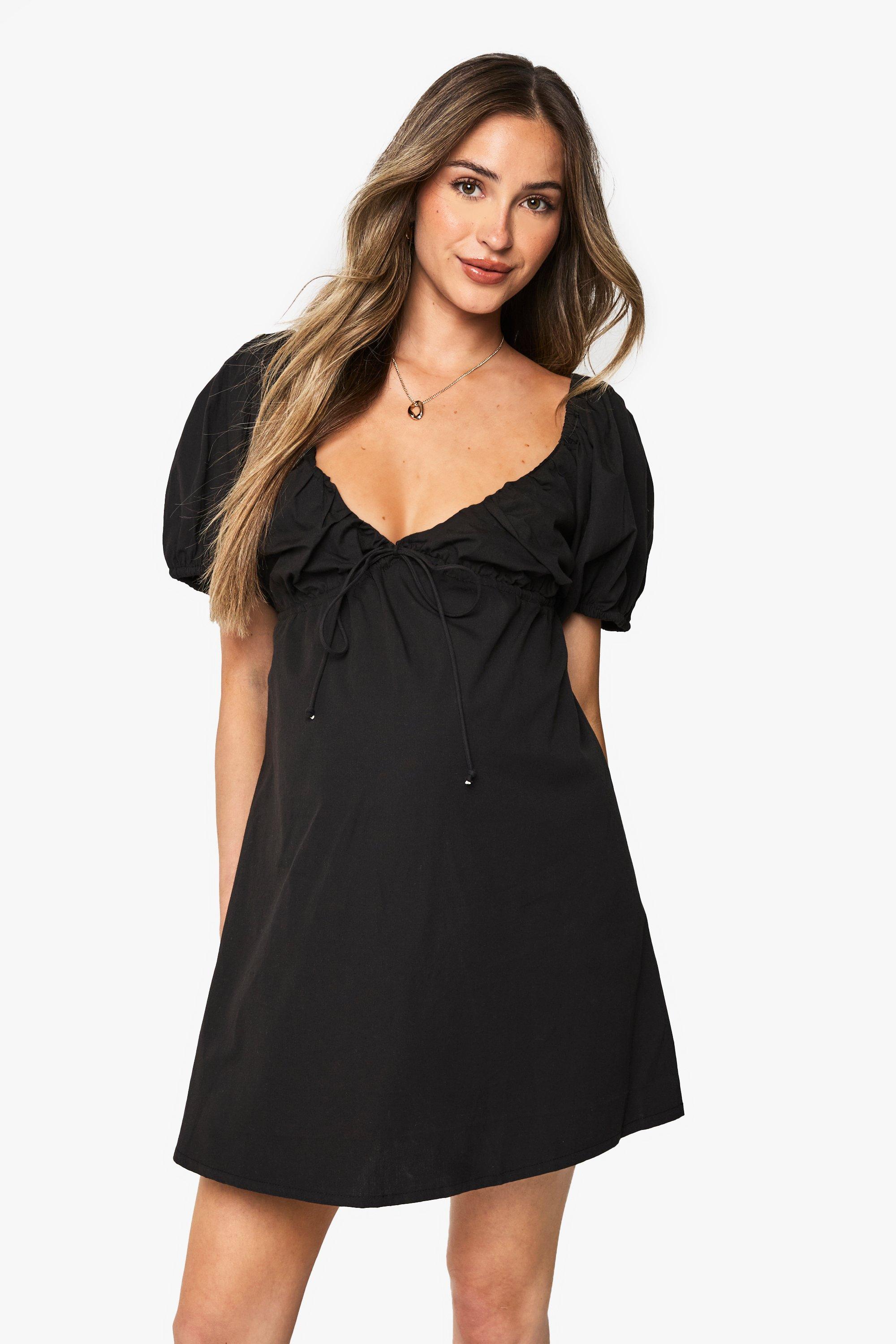 Boohoo Maternity Cotton Tie Front Puff Sleeve Skater Dress, Black