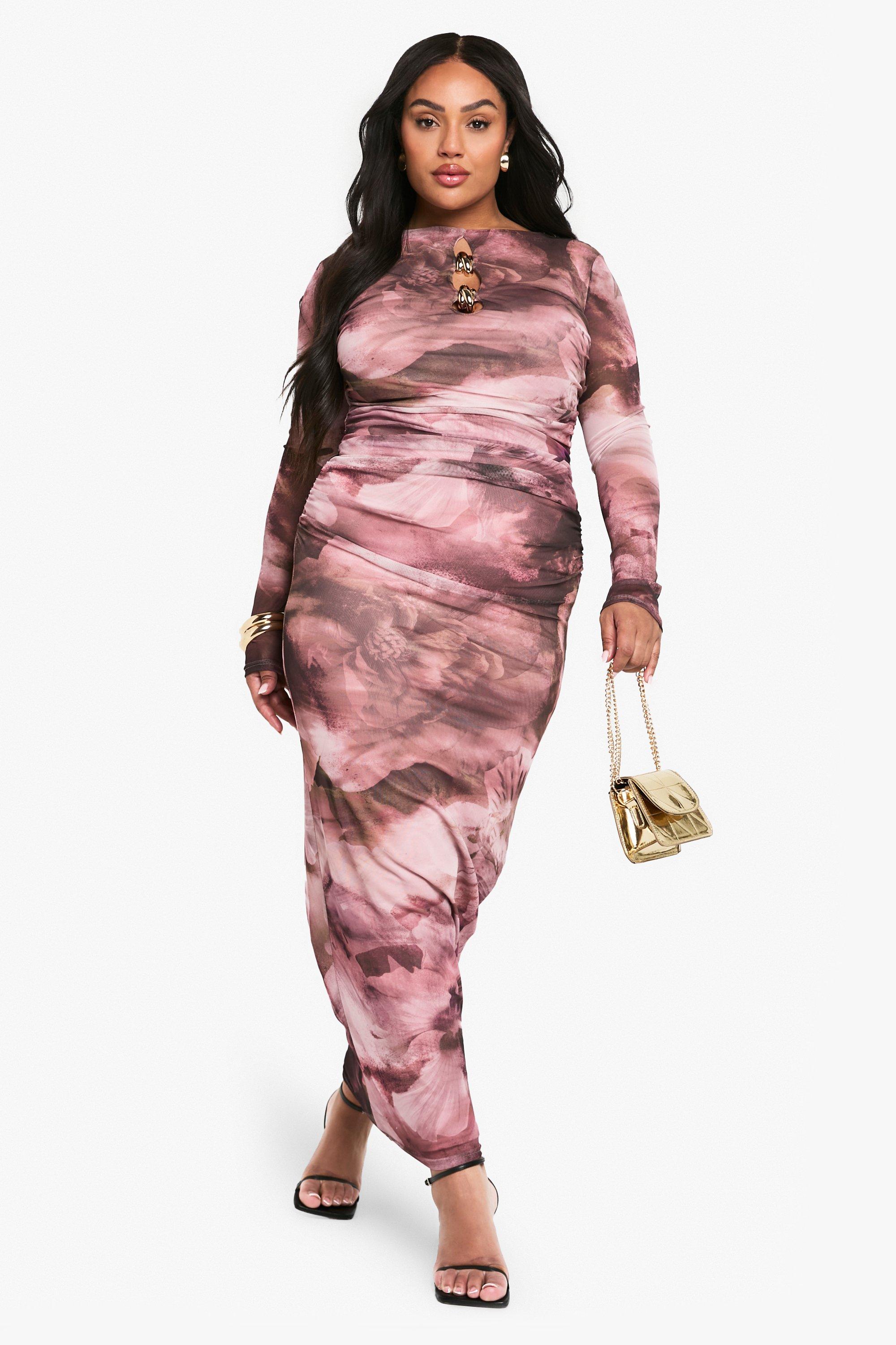 Boohoo Plus Abstracte Mesh Maxi Jurk Met Zoom Detail, Rose